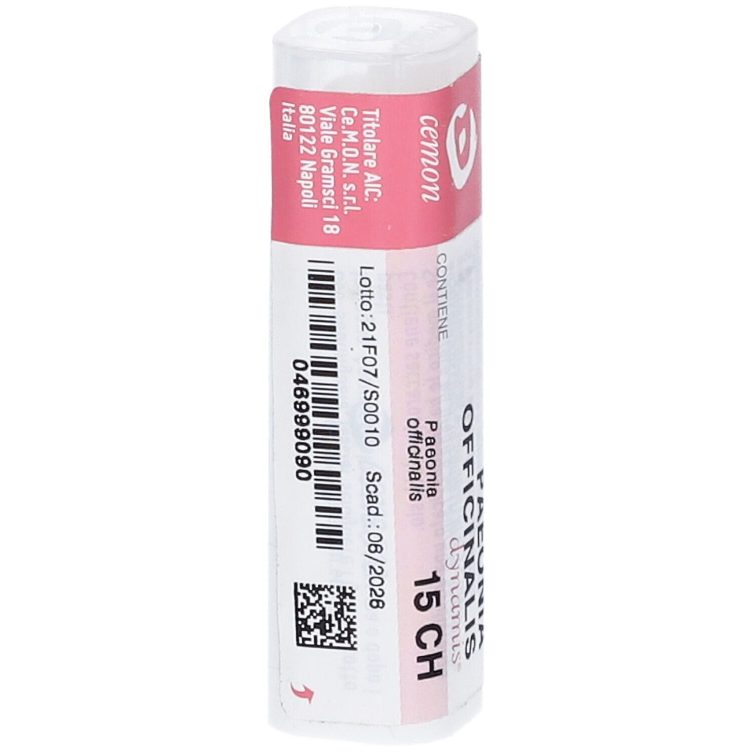 Flacone bianco con etichetta rosa. Testo: "PAEONIA OFFICINALIS 15 CH". Dettagli e numero di lotto.