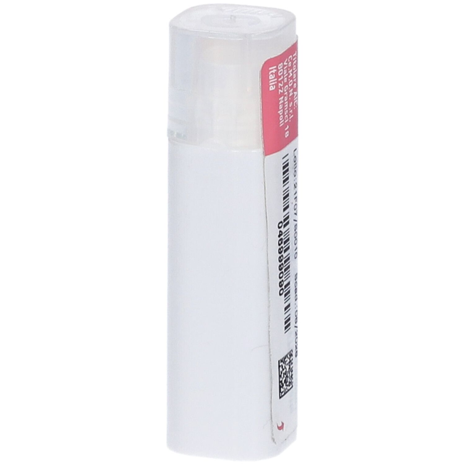 Flacone bianco con etichetta rosa. Codice a barre e testo. Dettagli e numero di lotto.