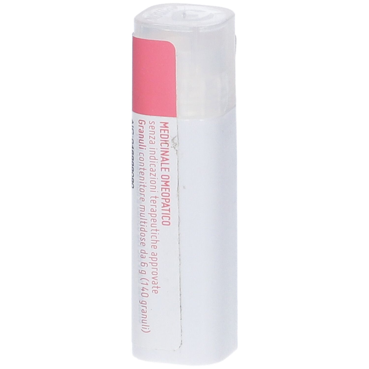 Flacone bianco con etichetta rosa. Testo: "MEDICINALE OMEOPATICO".