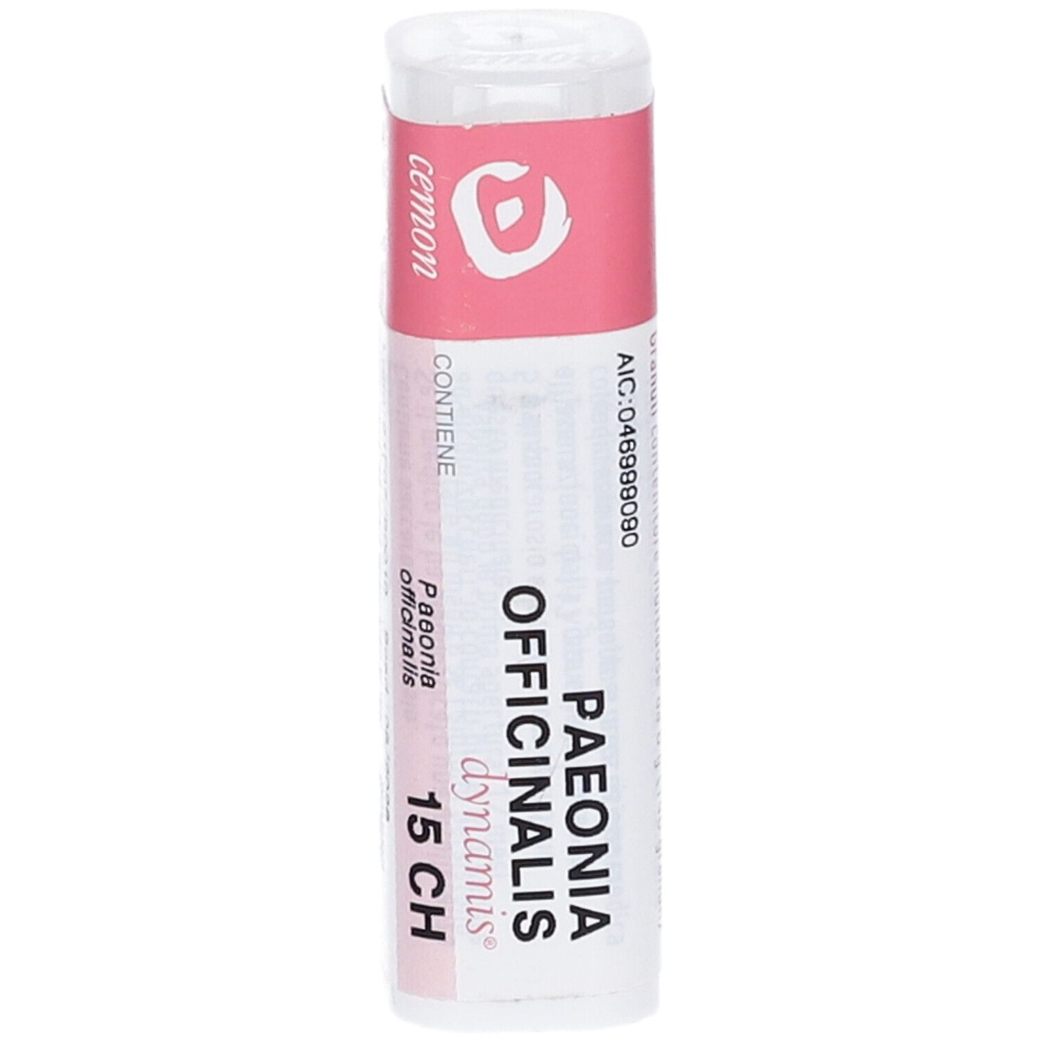 Flacone bianco con etichetta rosa. Testo: "PAEONIA OFFICINALIS dynamis 15 CH".