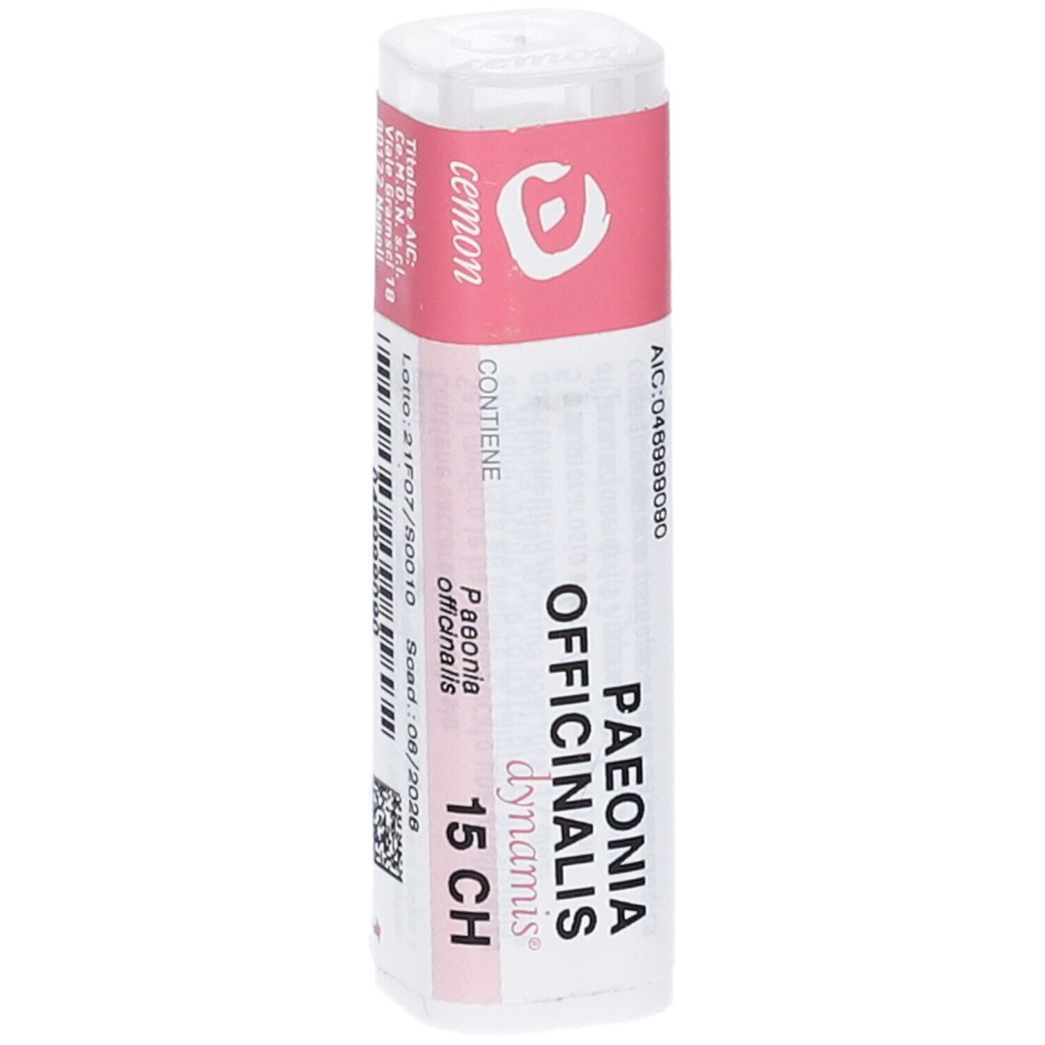 Flacone bianco con etichetta rosa. Testo: "PAEONIA OFFICINALIS 15 CH". Dettagli e numero di lotto.