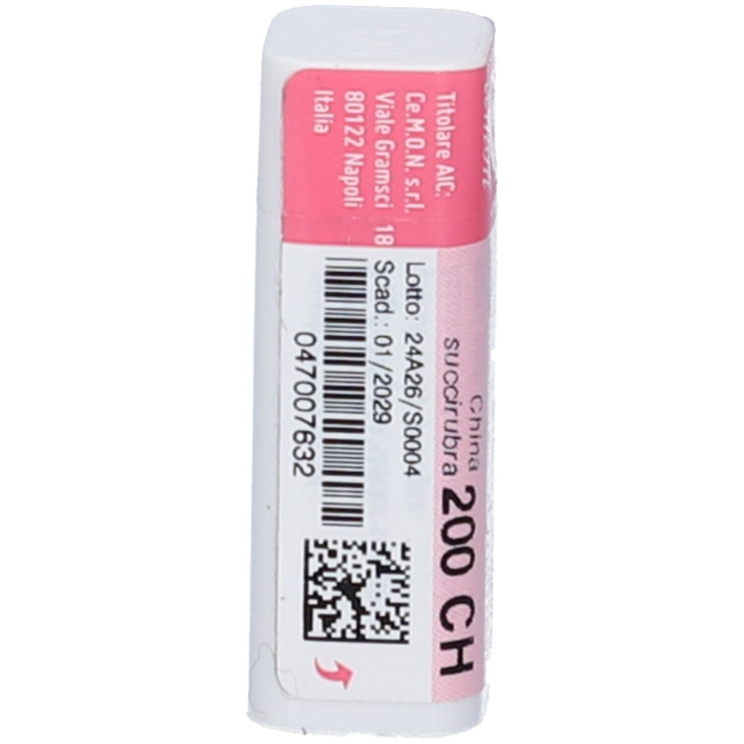 Flacone cilindrico bianco con etichetta rosa. Codice a barre e testo: Succirubra China 200 CH. Informazioni produttore.