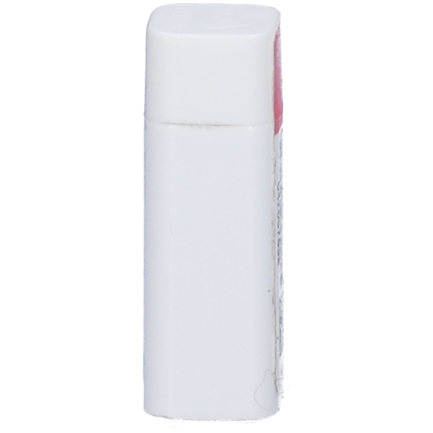 Flacone cilindrico bianco con coperchio quadrato. Etichetta rosa parzialmente visibile. Nessun altro dettaglio.