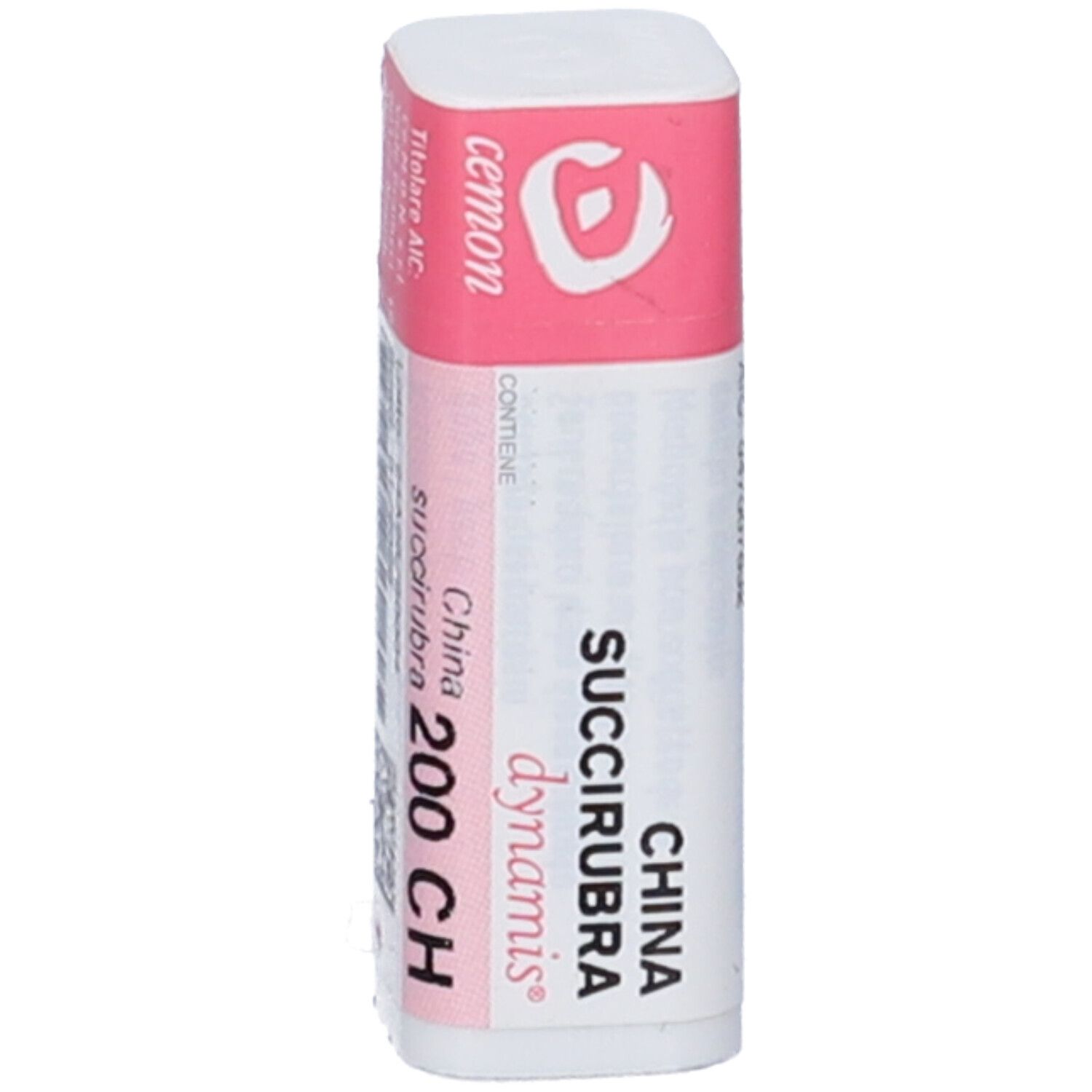 Flacone cilindrico bianco con etichetta rosa. Testo: Succirubra China dynamis 200 CH. Marchio: cemon.