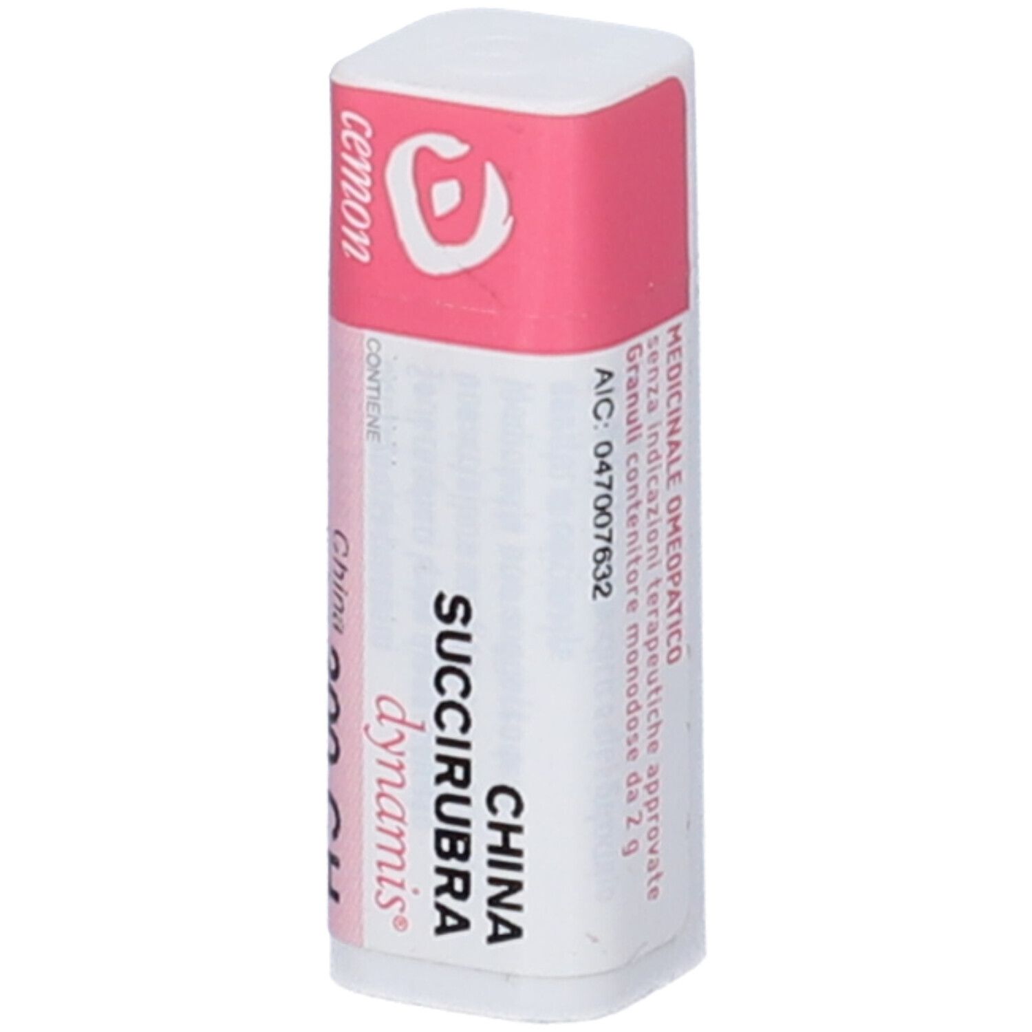 Flacone cilindrico bianco con etichetta rosa. Testo: Succirubra China 200 CH. Testo e logo aggiuntivi.