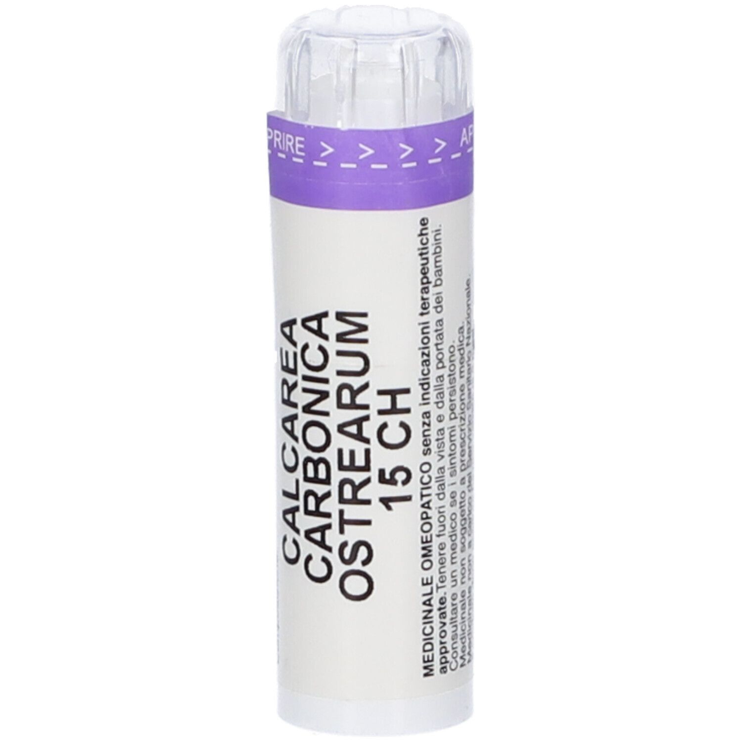 Tubo bianco con nastro viola, scritta 'CALCAREA CARBONICA OSTREARUM 15 CH'.