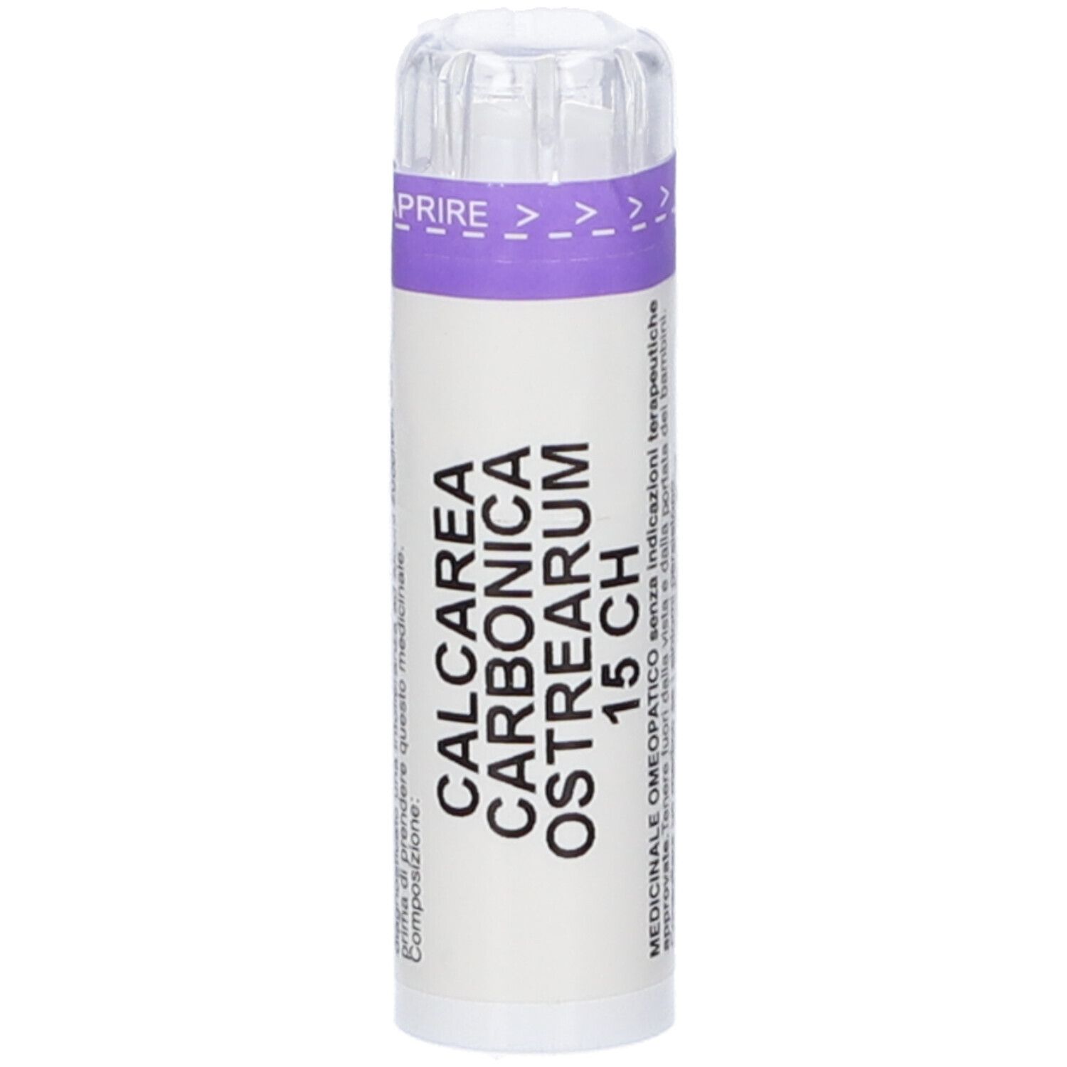 Tubo bianco con nastro viola, scritta 'CALCAREA CARBONICA OSTREARUM 15 CH'.