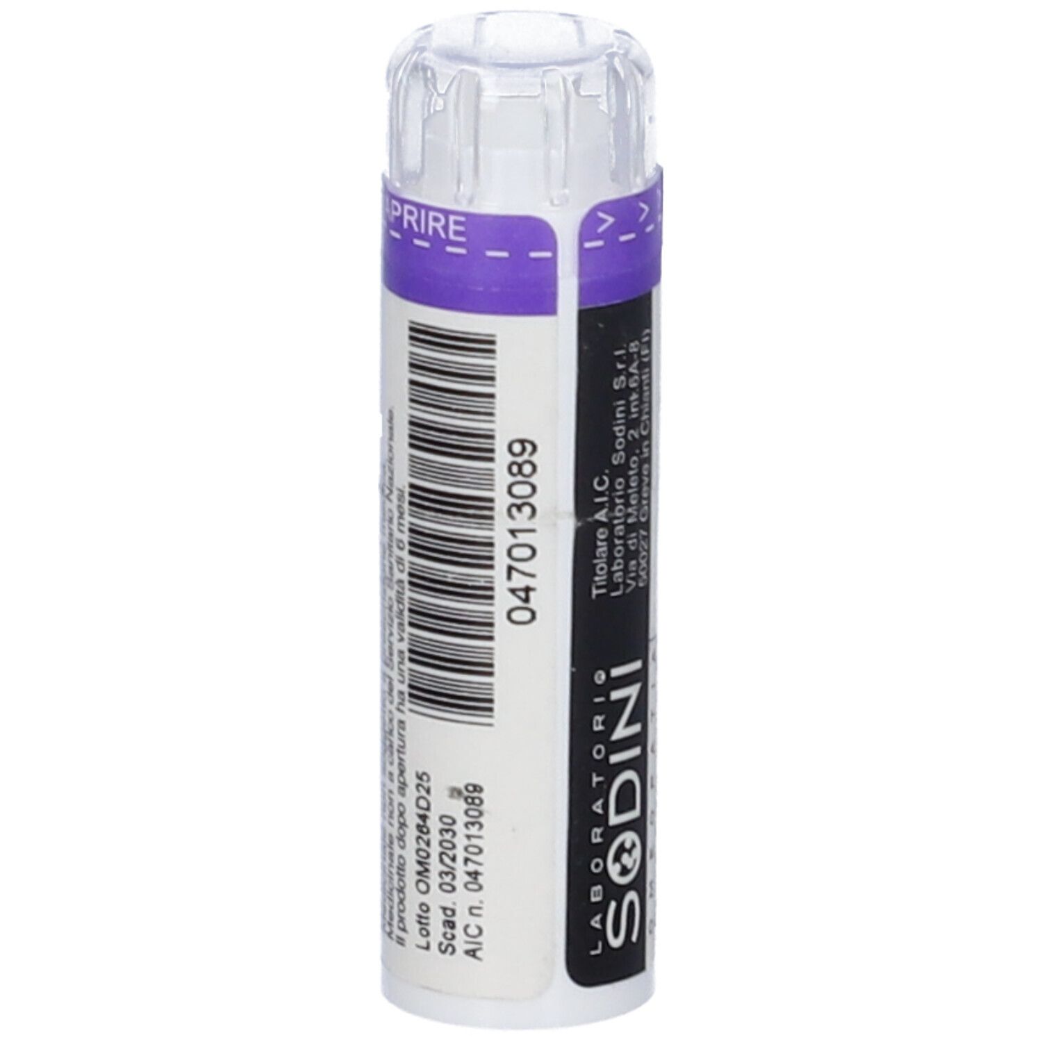 Flacone cilindrico bianco con fascia viola. Scritta: SODINI. Codice a barre e numero di lotto. Coperchio trasparente. Scritta: APRIRE.