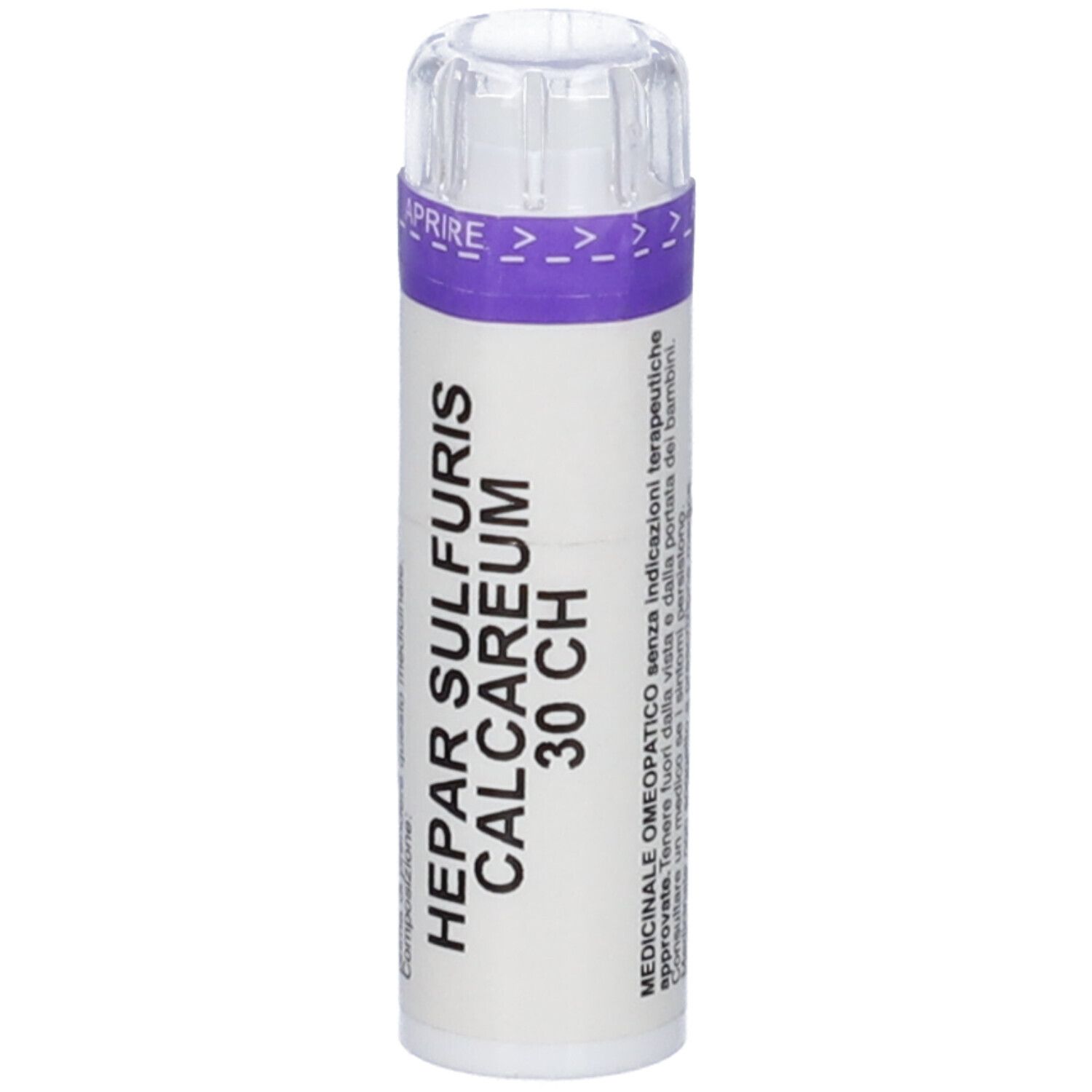 Flacone cilindrico bianco con fascia viola. Scritta: HEPAR SULFURIS CALCAREUM 30 CH. Coperchio trasparente. Scritta: APRIRE.