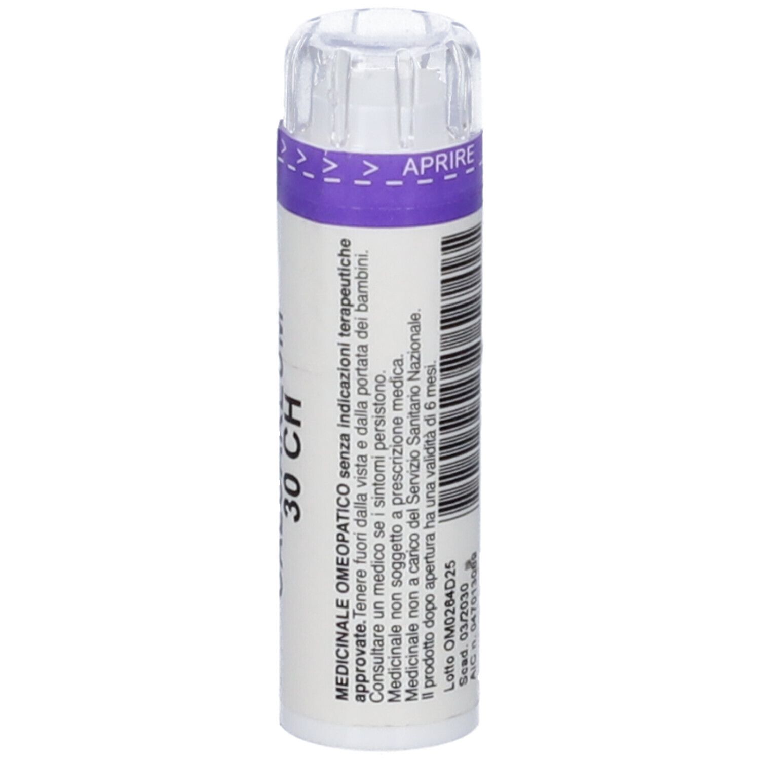 Flacone cilindrico bianco con fascia viola. Scritta: 30 CH. Testo sulle indicazioni mediche. Coperchio trasparente. Scritta: APRIRE.