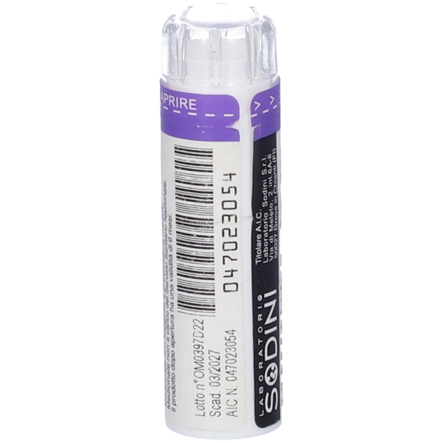 Contenitore cilindrico bianco con tappo trasparente. Scritta SODINI. Codice 047023054. Striscia viola.