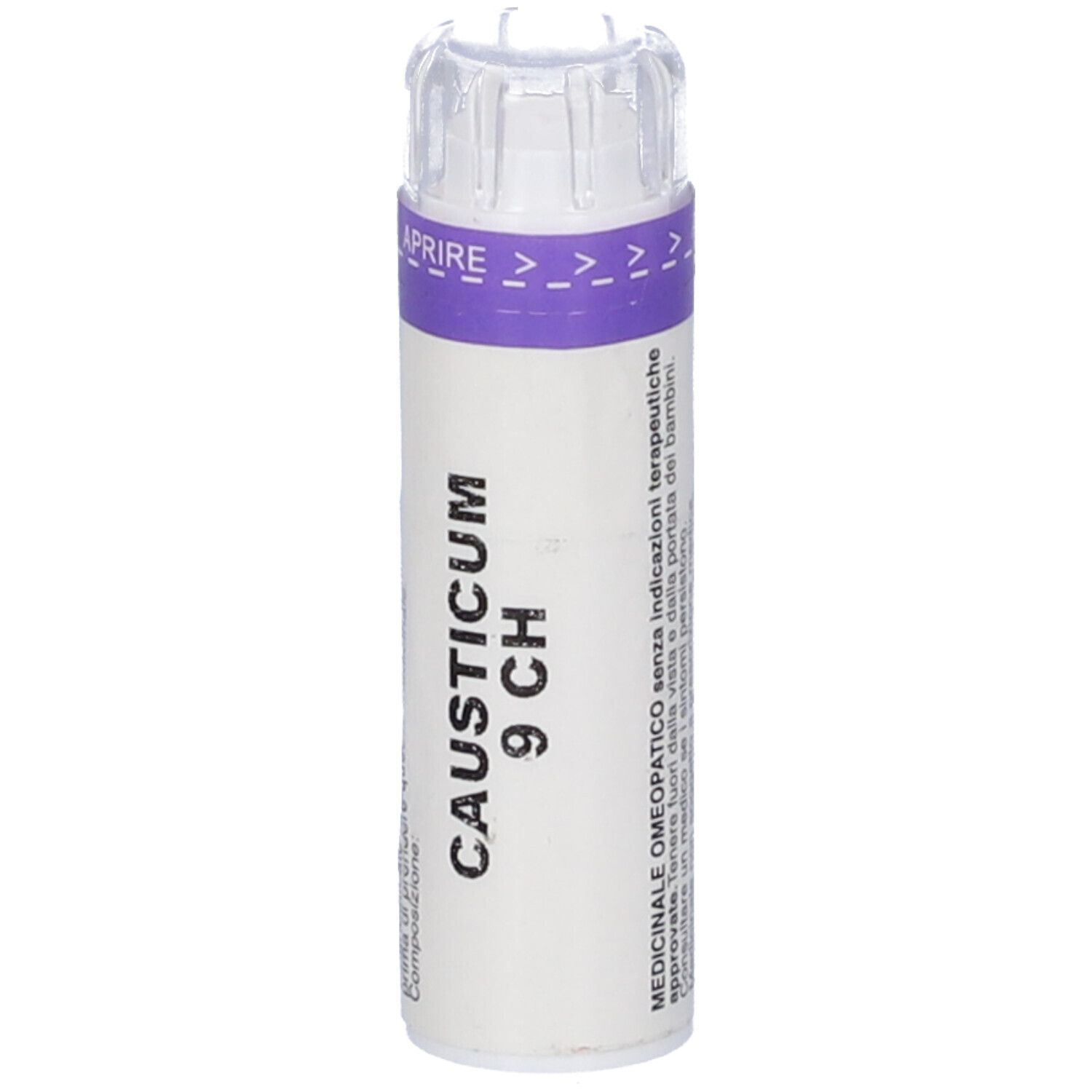 Contenitore cilindrico bianco con tappo trasparente. Scritta CAUSTICUM 9 CH. Striscia viola con simboli a freccia.