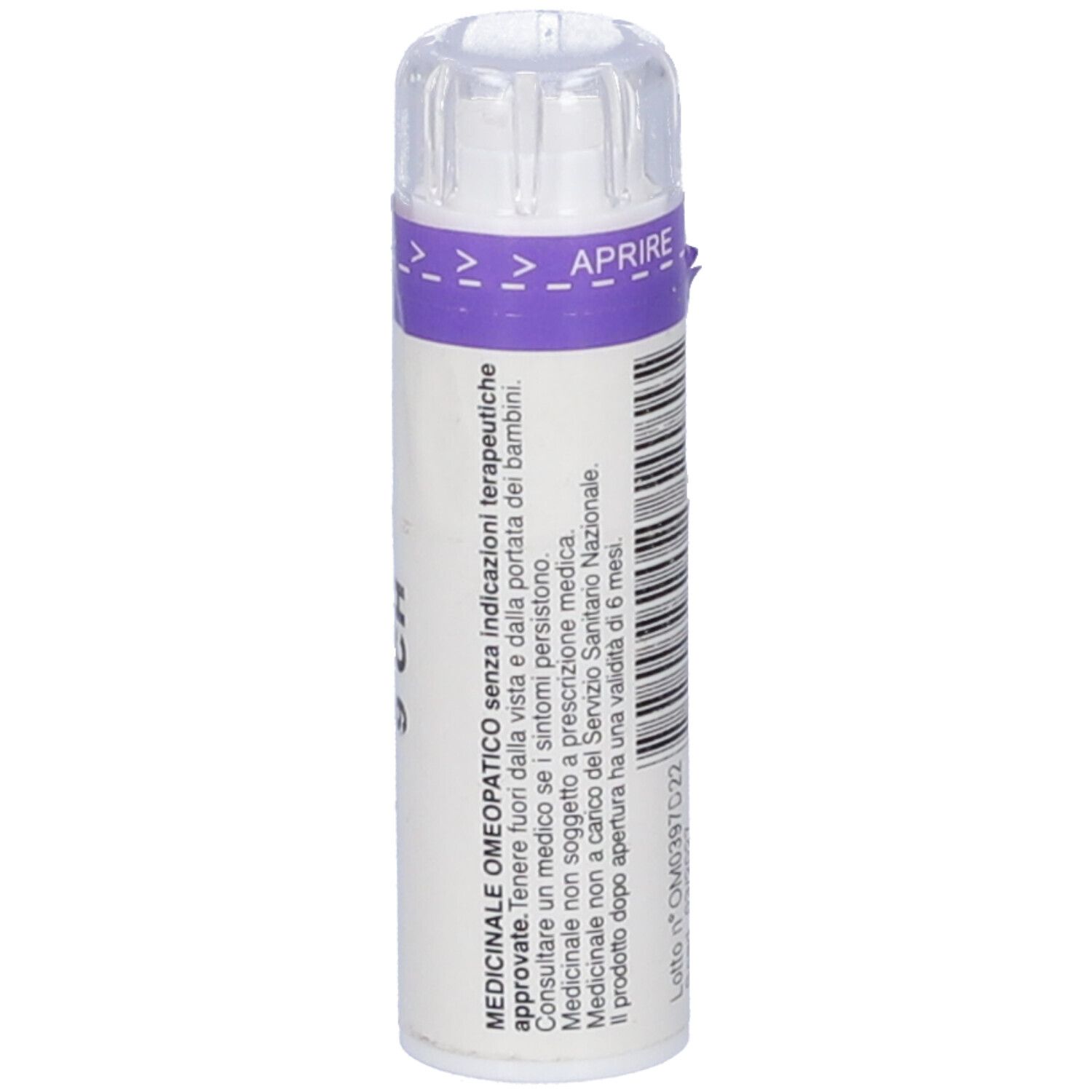 Contenitore cilindrico bianco con tappo trasparente. Testo in italiano. Striscia viola.