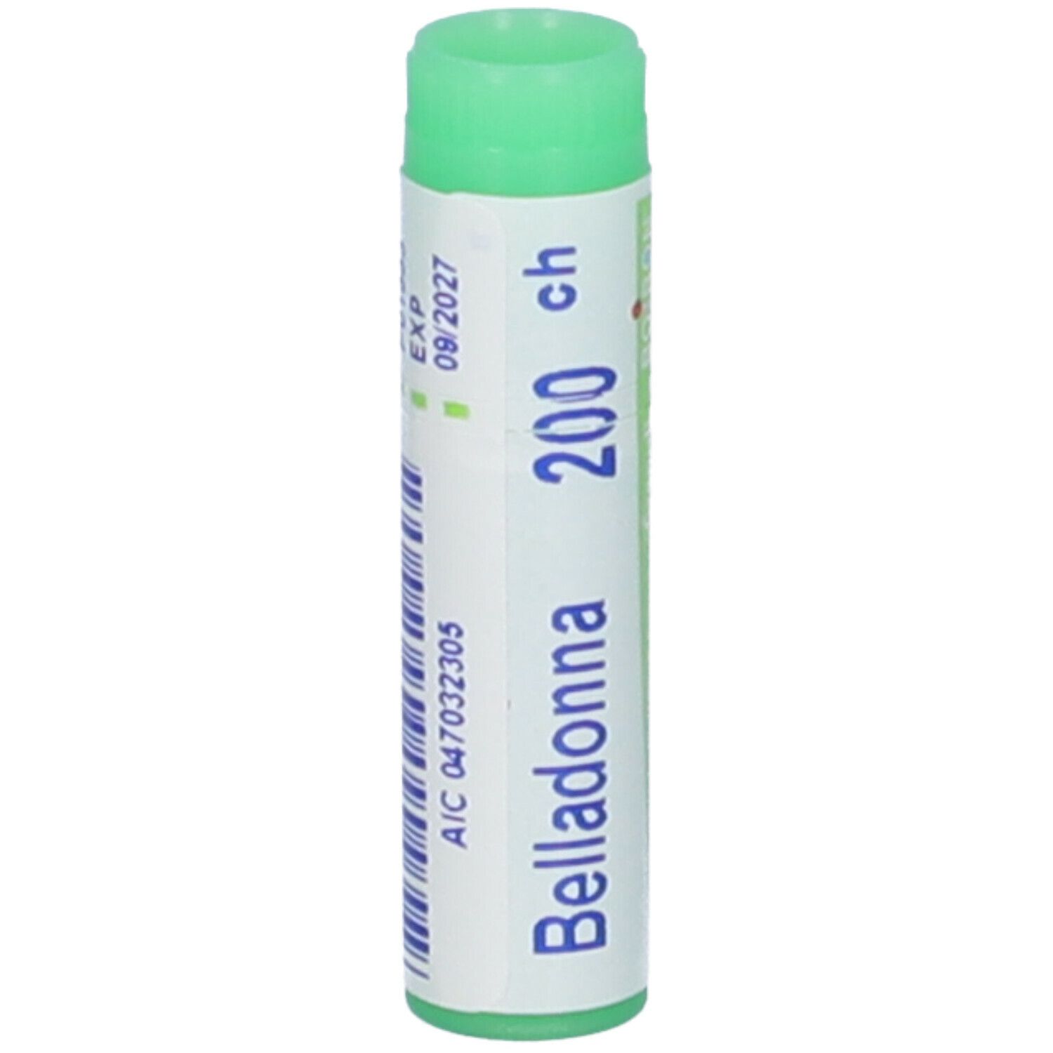 Confezione cilindrica con tappo verde. Scritta: Belladonna 200 ch, EXP 09/2027, AIC 047032305.