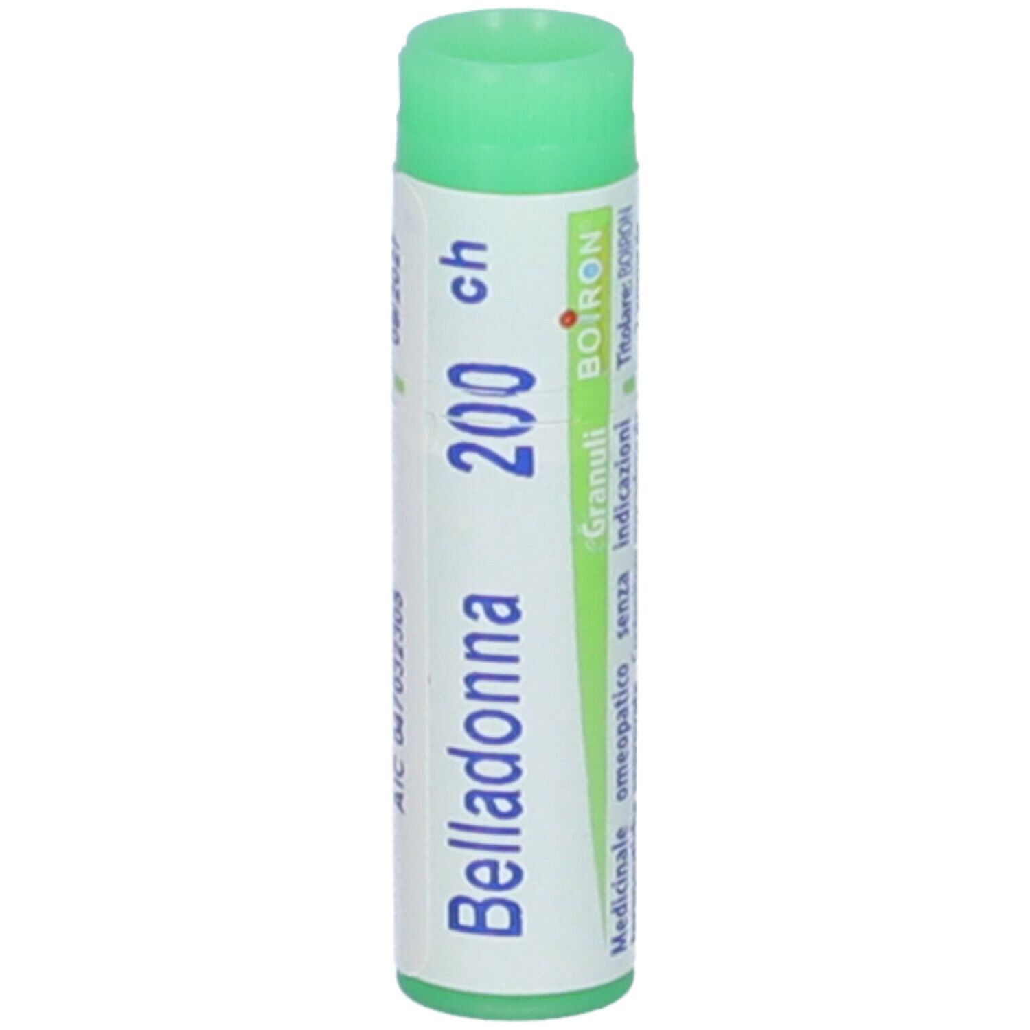 Confezione cilindrica con tappo verde. Scritta: Belladonna 200 ch, Granuli, Boiron.