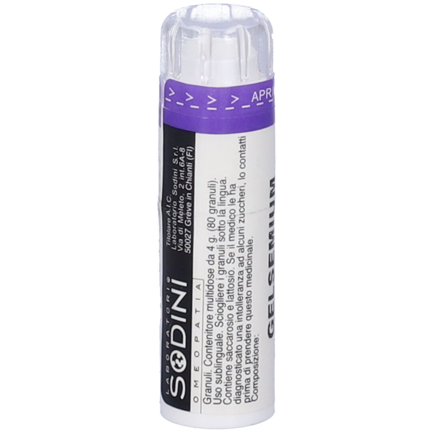 Flacone cilindrico bianco. Scritta: GELSEMIUM SEMPERVIRENS 5 CH. Logo SODINI. Testo sugli ingredienti.