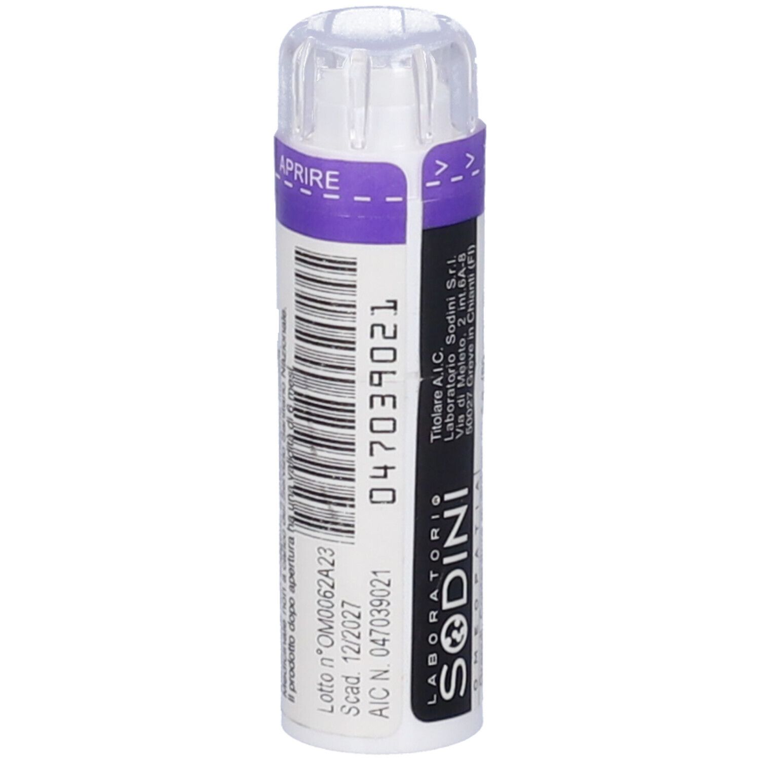 Flacone cilindrico bianco. Scritta: 047039021. Logo SODINI. Numero di lotto e scadenza.