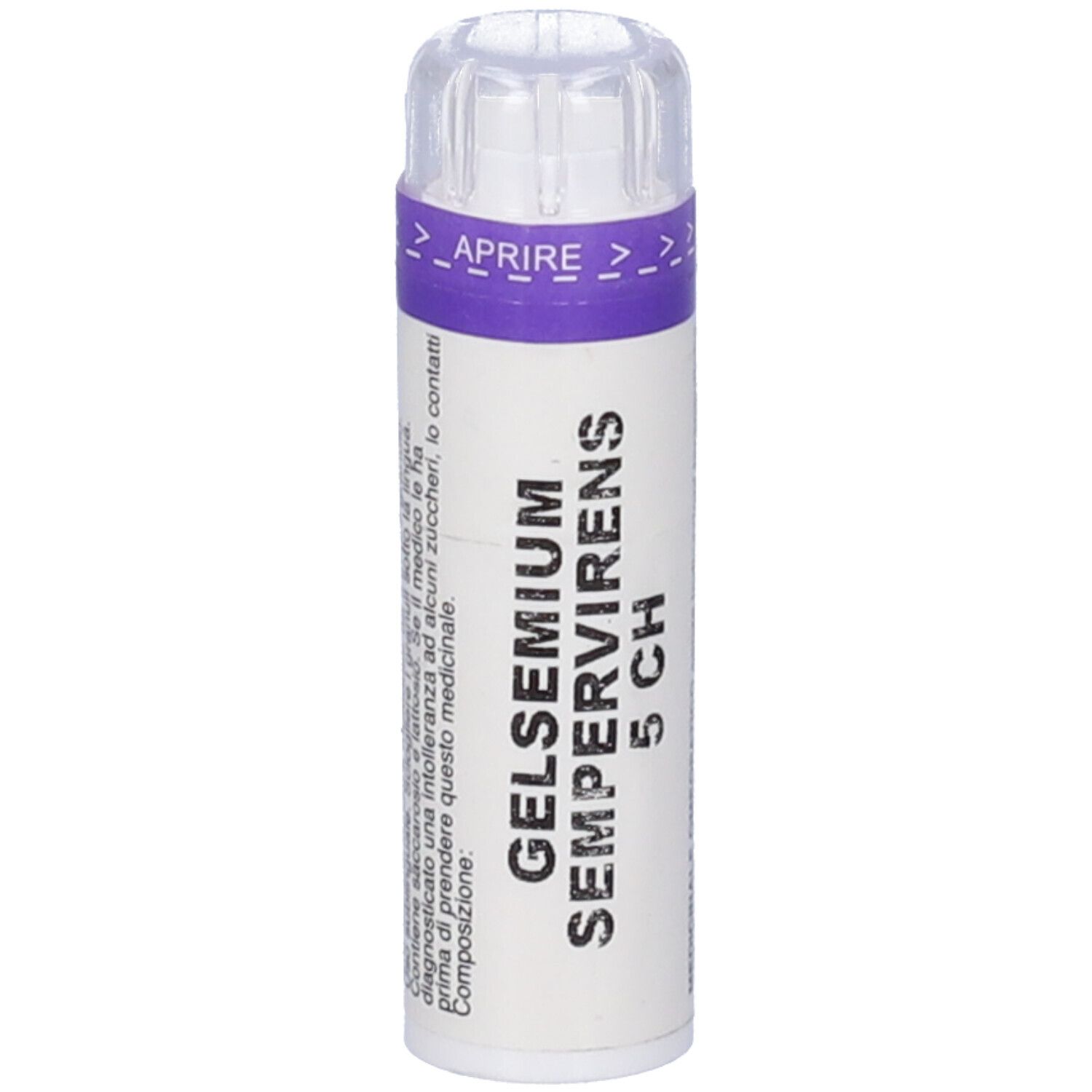 Flacone cilindrico bianco. Scritta: GELSEMIUM SEMPERVIRENS 5 CH. Tappo con frecce e scritta 'APRIRE'.