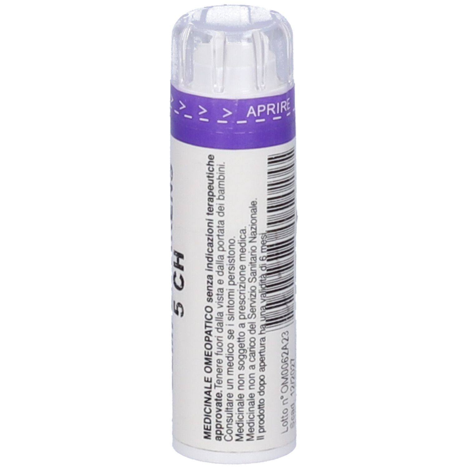 Flacone cilindrico bianco. Scritta: GELSEMIUM SEMPERVIRENS 5 CH. Codice a barre e informazioni.