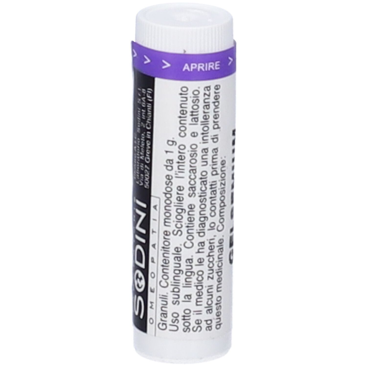 Contenitore monodose cilindrico. Scritta: SODINI OMEOPATIA. Striscia viola di apertura.