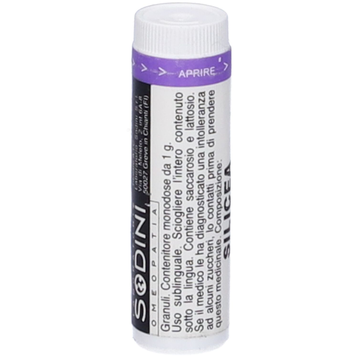 Flacone cilindrico bianco con fascia viola. Scritta: SODINI OMEOPATIA, SILICEA. Testo su contenuto e uso.