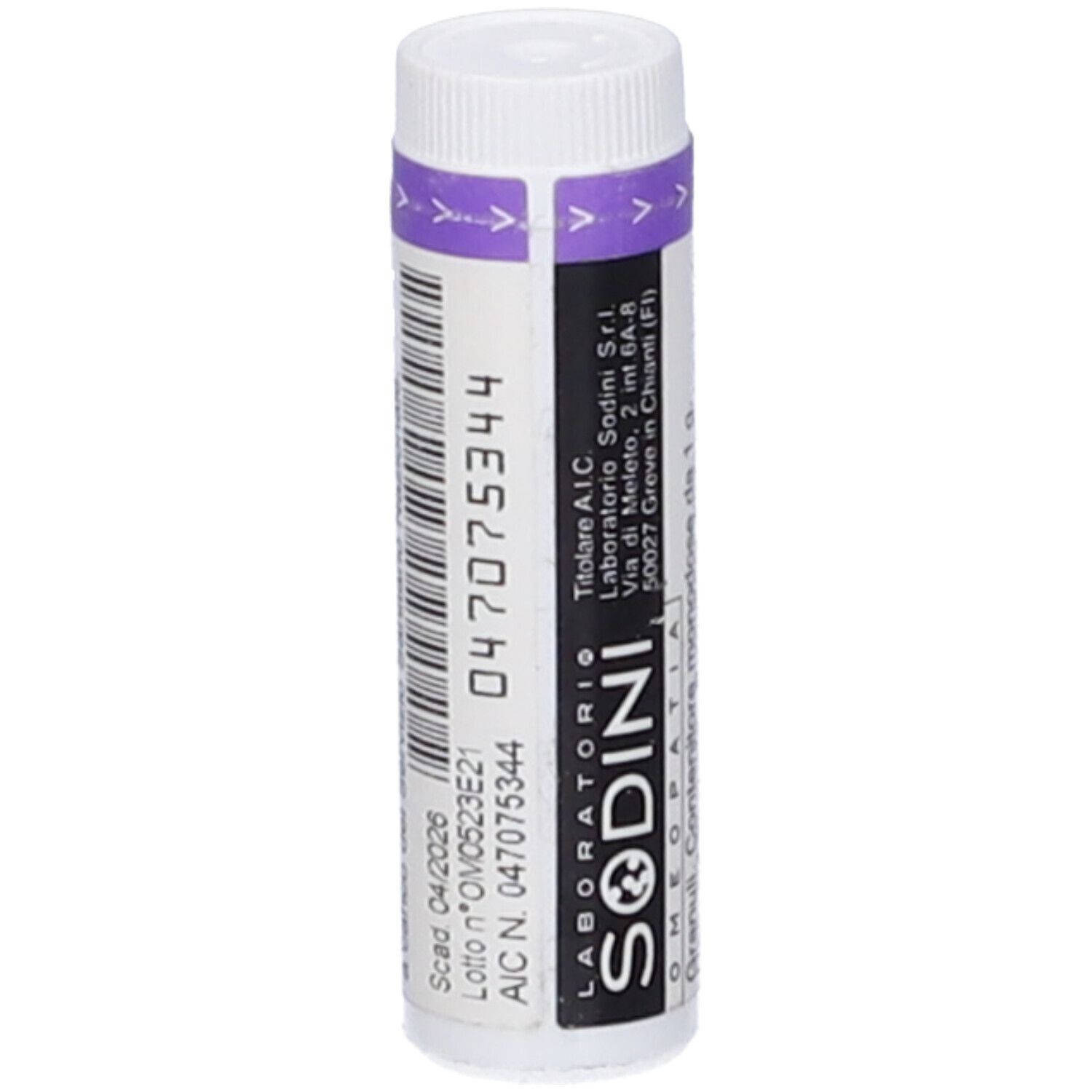 Flacone cilindrico bianco con fascia viola. Scritta: SODINI, SILICEA MK. Codice a barre e numero di lotto.