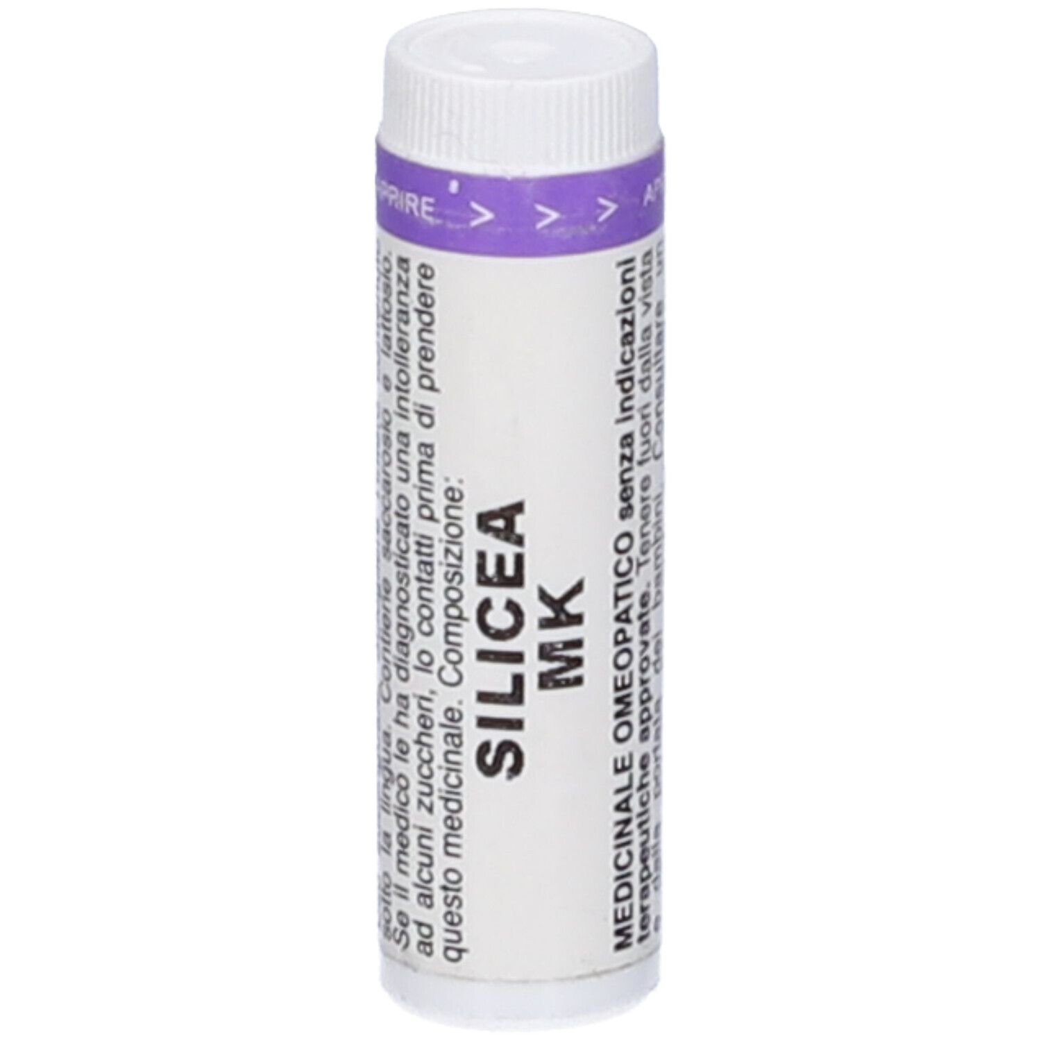 Flacone cilindrico bianco con fascia viola. Scritta: SILICEA MK. Testo sulle indicazioni mediche.