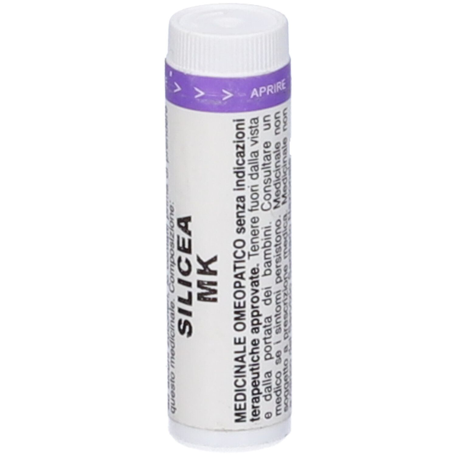 Flacone cilindrico bianco con fascia viola. Scritta: SILICEA MK. Testo sulle indicazioni mediche.