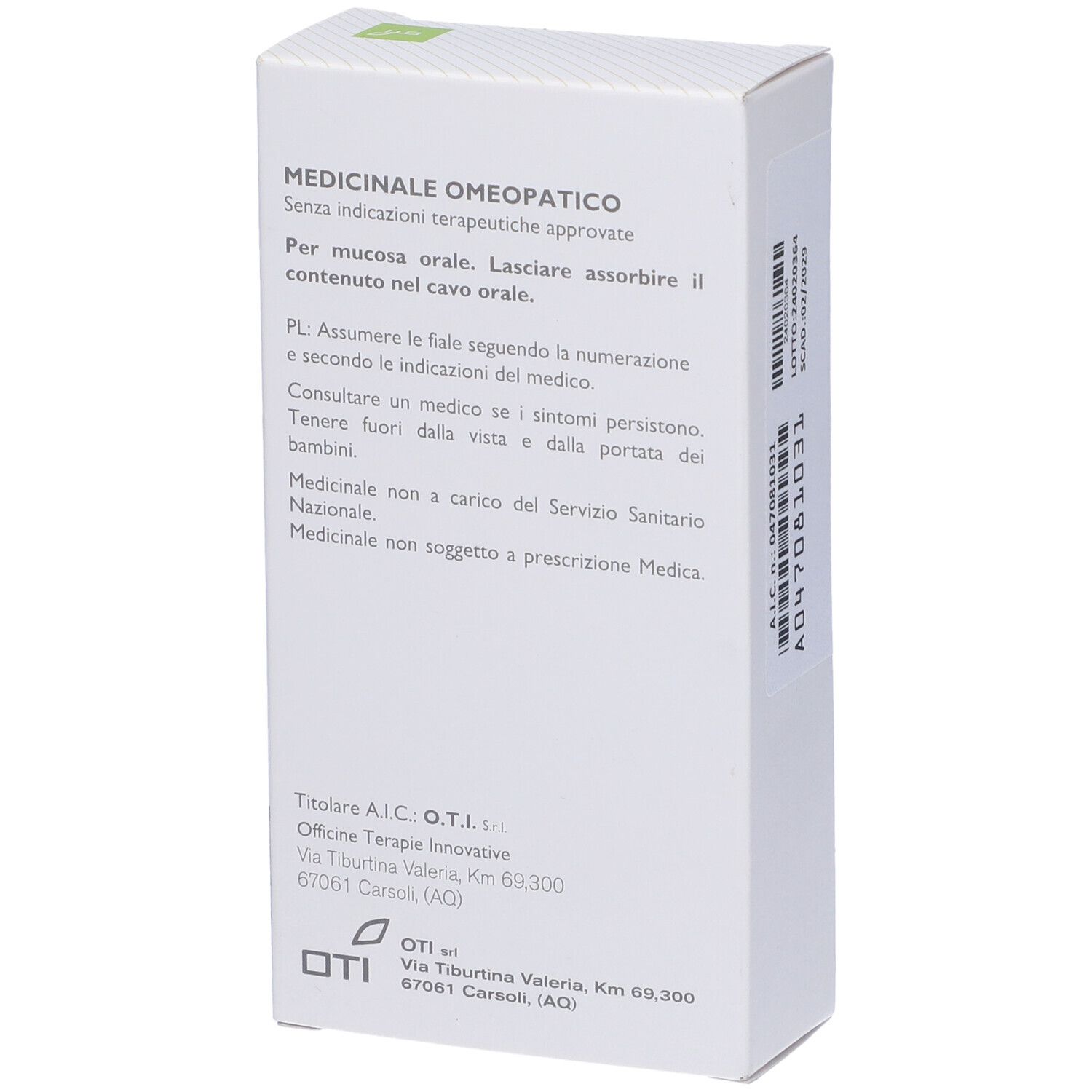 Scatola bianca con testo: Medicinale Omeopatico. Indirizzo e logo OTI.