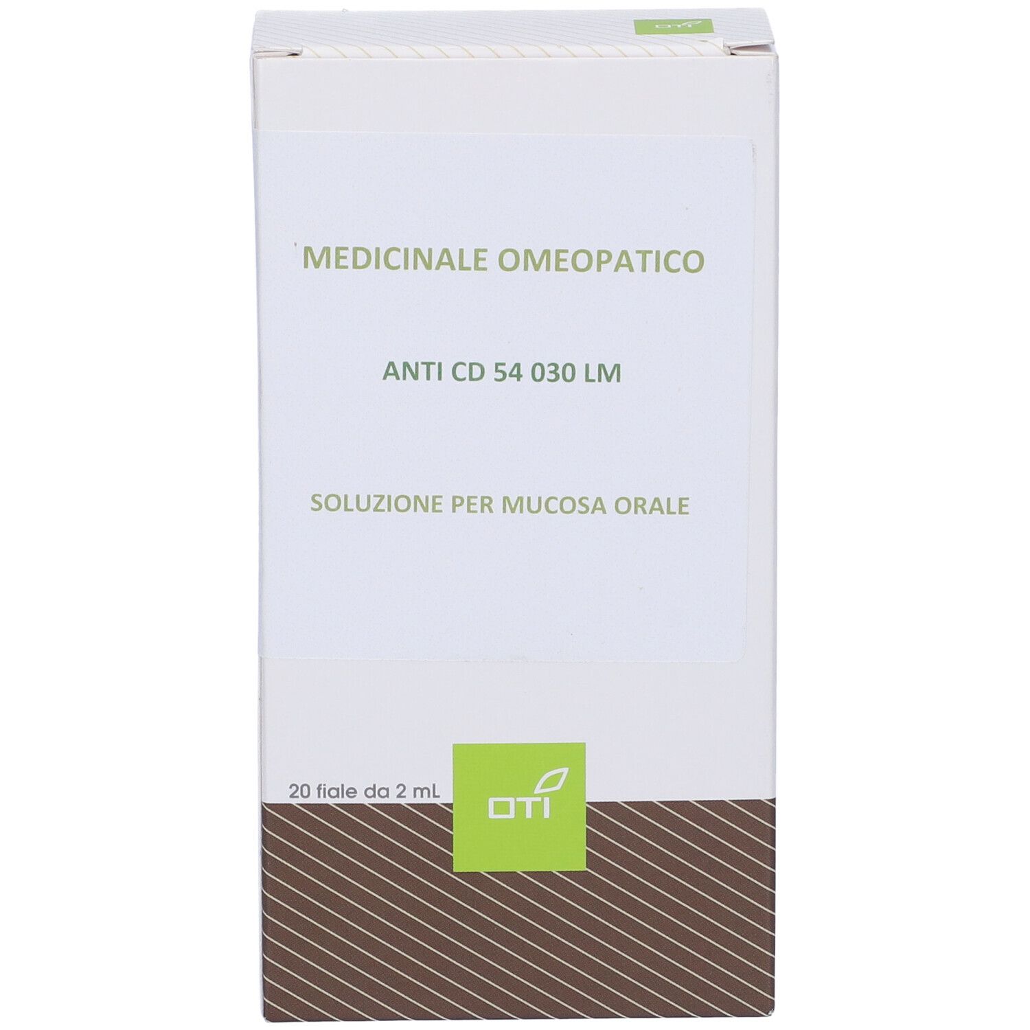 Scatola bianca con testo: Medicinale Omeopatico, Anti CD 54 030 LM, Soluzione per mucosa orale. Logo OTI.