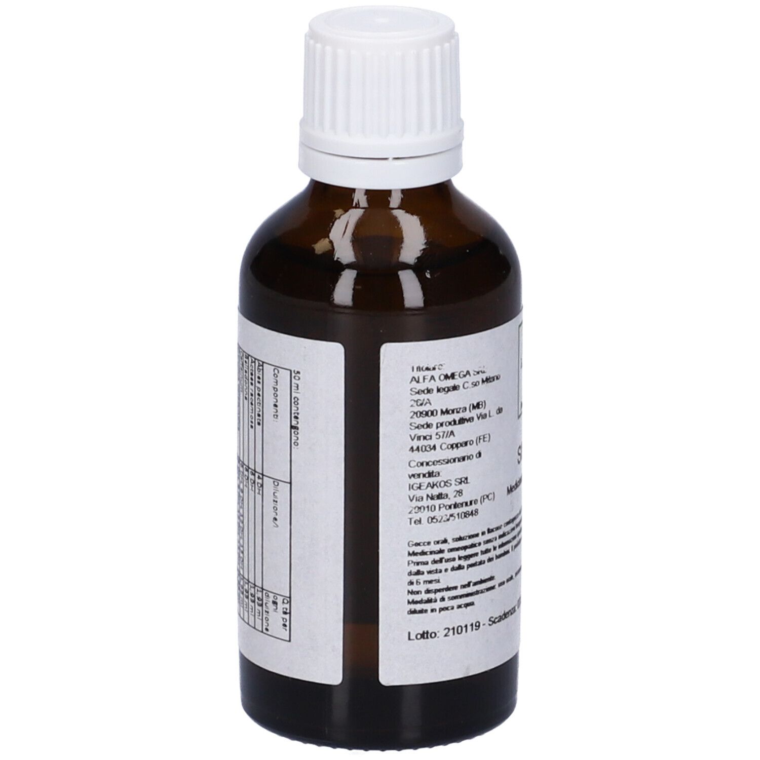 Flacone di vetro marrone con tappo bianco. Etichetta con testo. SIN 38, Medicinale omeopatico.