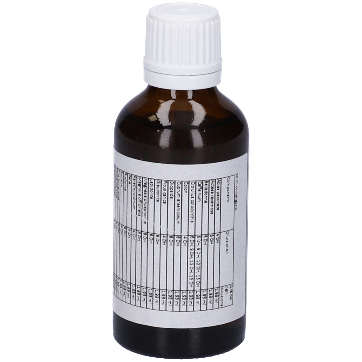 Flacone di vetro marrone con tappo bianco. Etichetta con testo. SIN 38, Medicinale omeopatico.