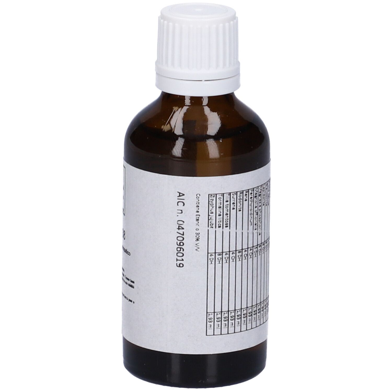 Flacone di vetro marrone con tappo bianco. Etichetta con testo. SIN 38, Medicinale omeopatico.