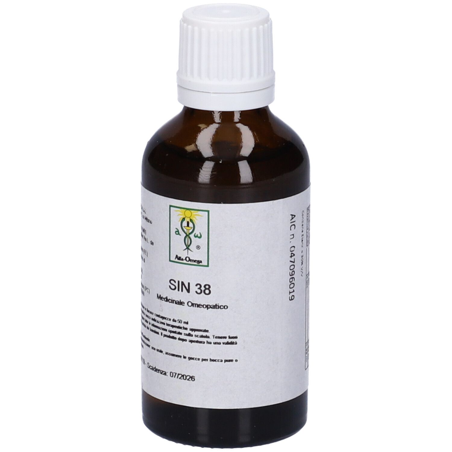 Flacone di vetro marrone con tappo bianco. Etichetta con testo e logo. SIN 38, Medicinale omeopatico.