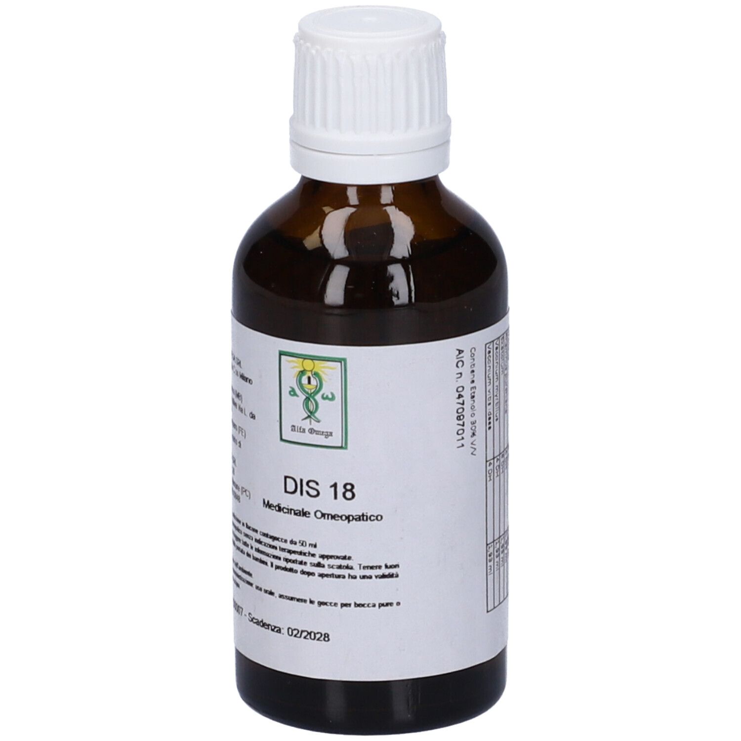 Flacone di vetro marrone con tappo bianco. Etichetta con testo: DIS 18, Medicinale omeopatico. Logo.