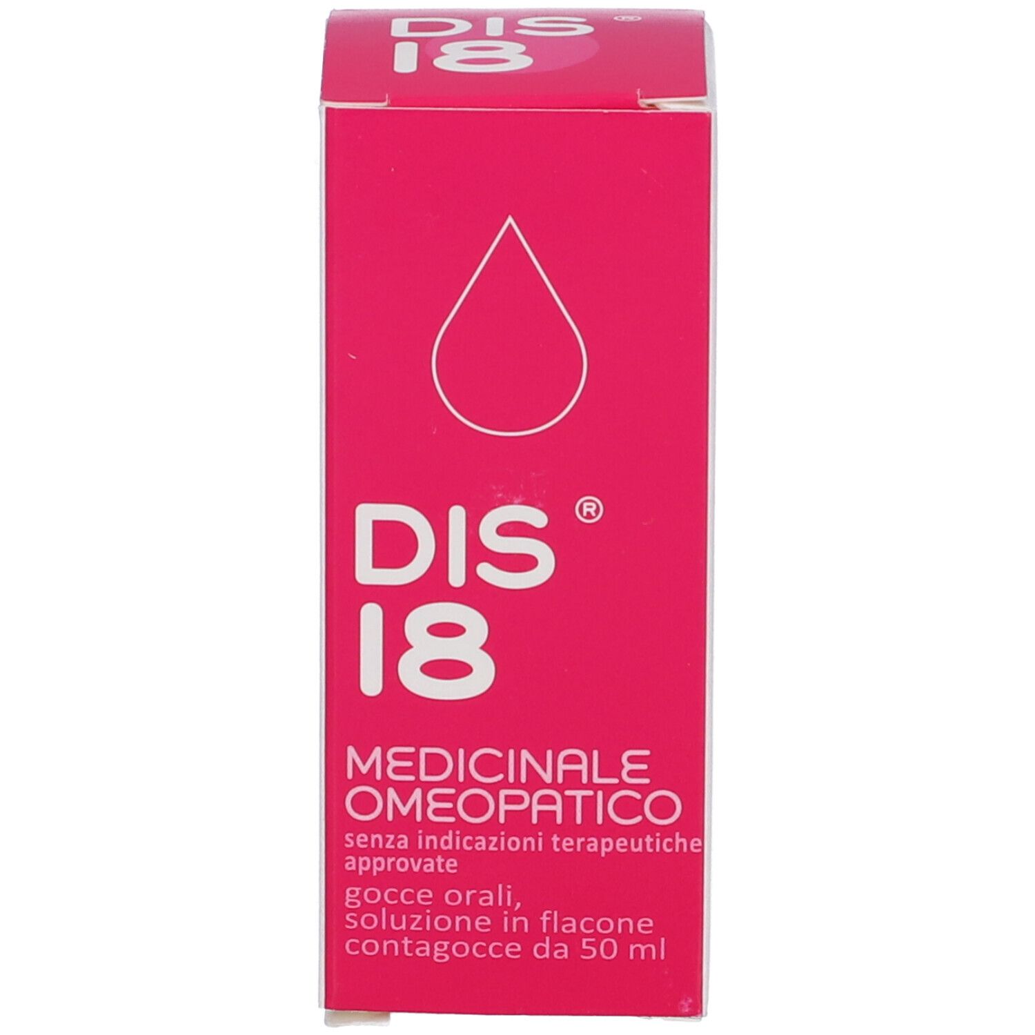 Scatola rosa con testo bianco: DIS 18, Medicinale omeopatico. Simbolo di goccia.