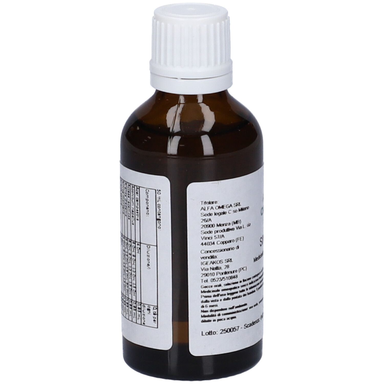 Flacone di vetro marrone con tappo bianco. Etichetta con testo. Informazioni del produttore.