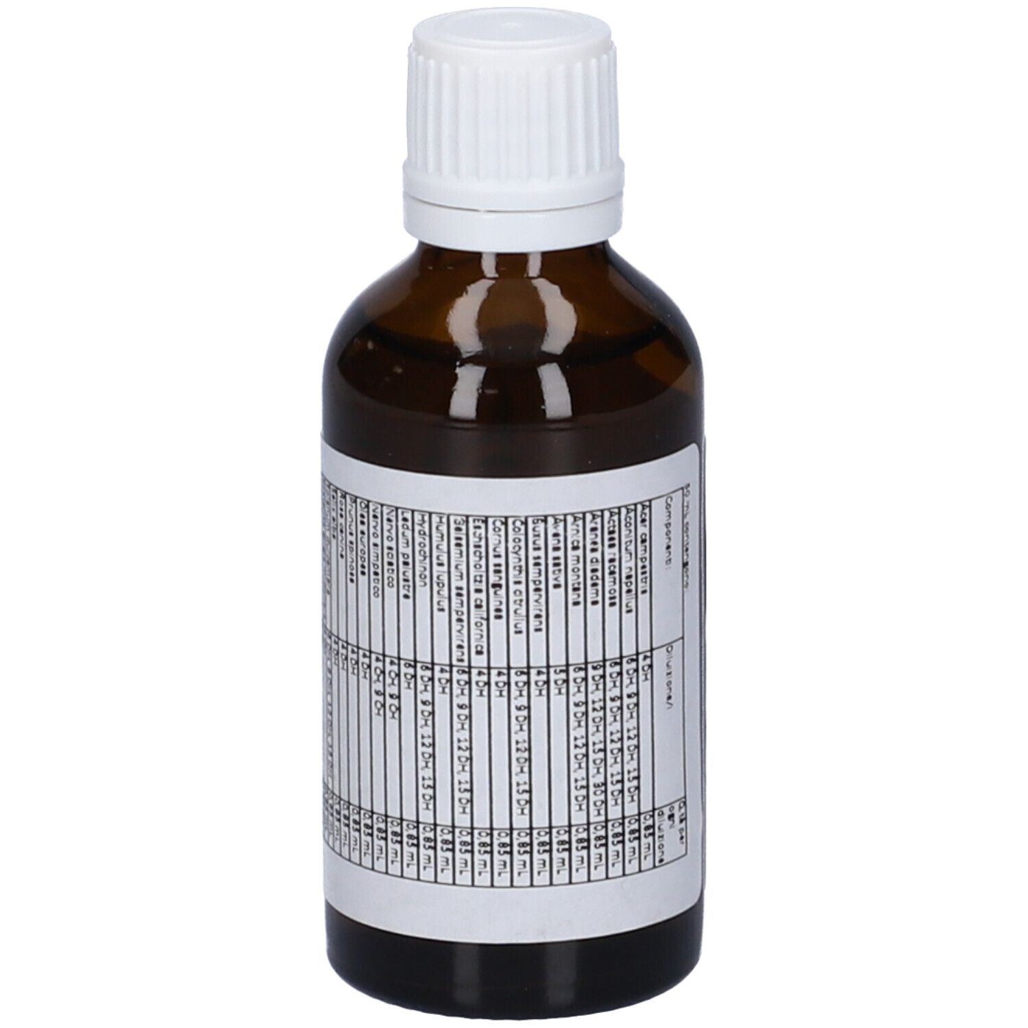 Flacone di vetro marrone con tappo bianco. Etichetta con testo. Vista dettagliata dell'etichetta.