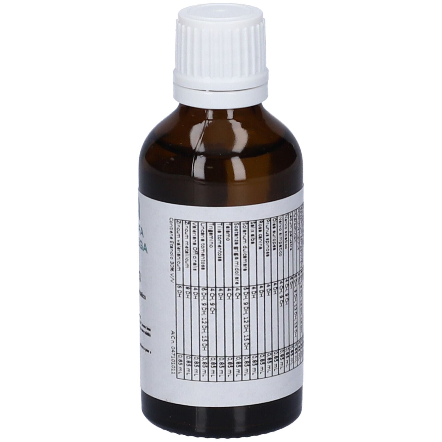 Flacone di vetro marrone con tappo bianco. Etichetta con testo. Vista dettagliata dell'etichetta.