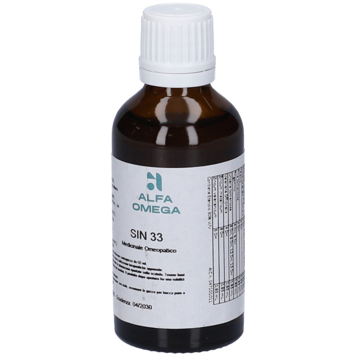 Flacone di vetro marrone con tappo bianco. Etichetta con testo. Marchio Alfa Omega e SIN 33.