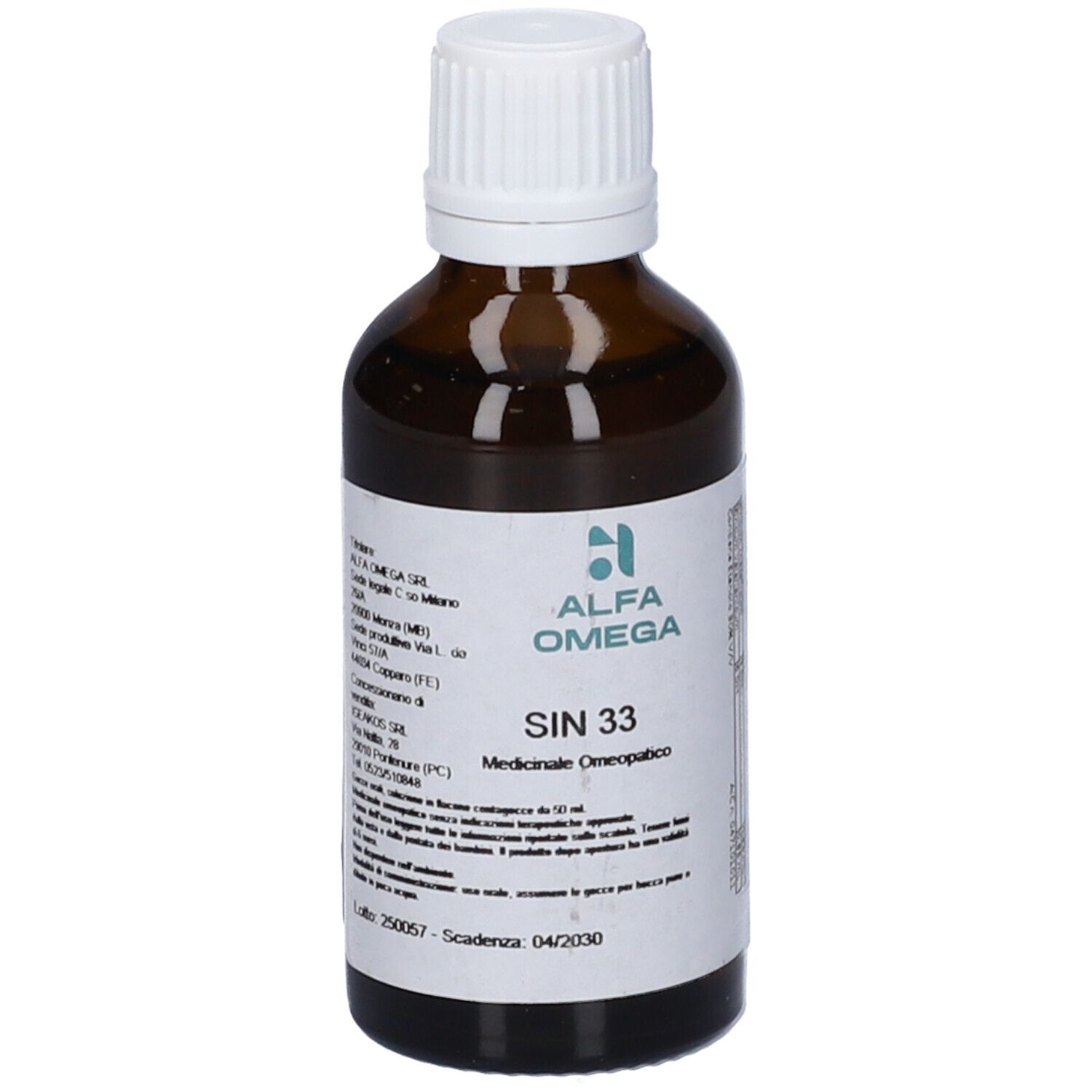 Flacone di vetro marrone con tappo bianco. Etichetta con testo. Marchio Alfa Omega e SIN 33.