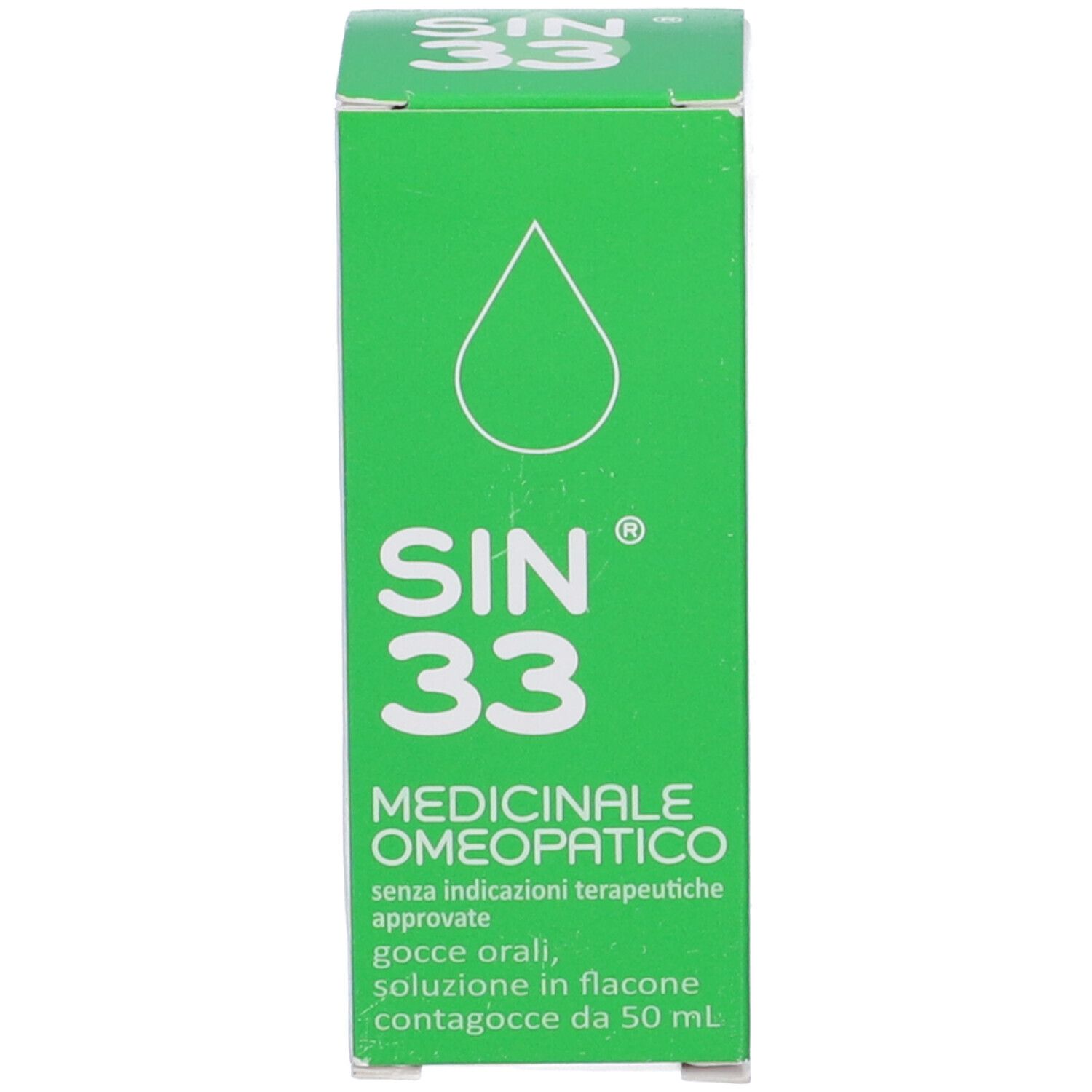 Scatola verde con testo. SIN 33, Medicinale Omeopatico. Simbolo di goccia.