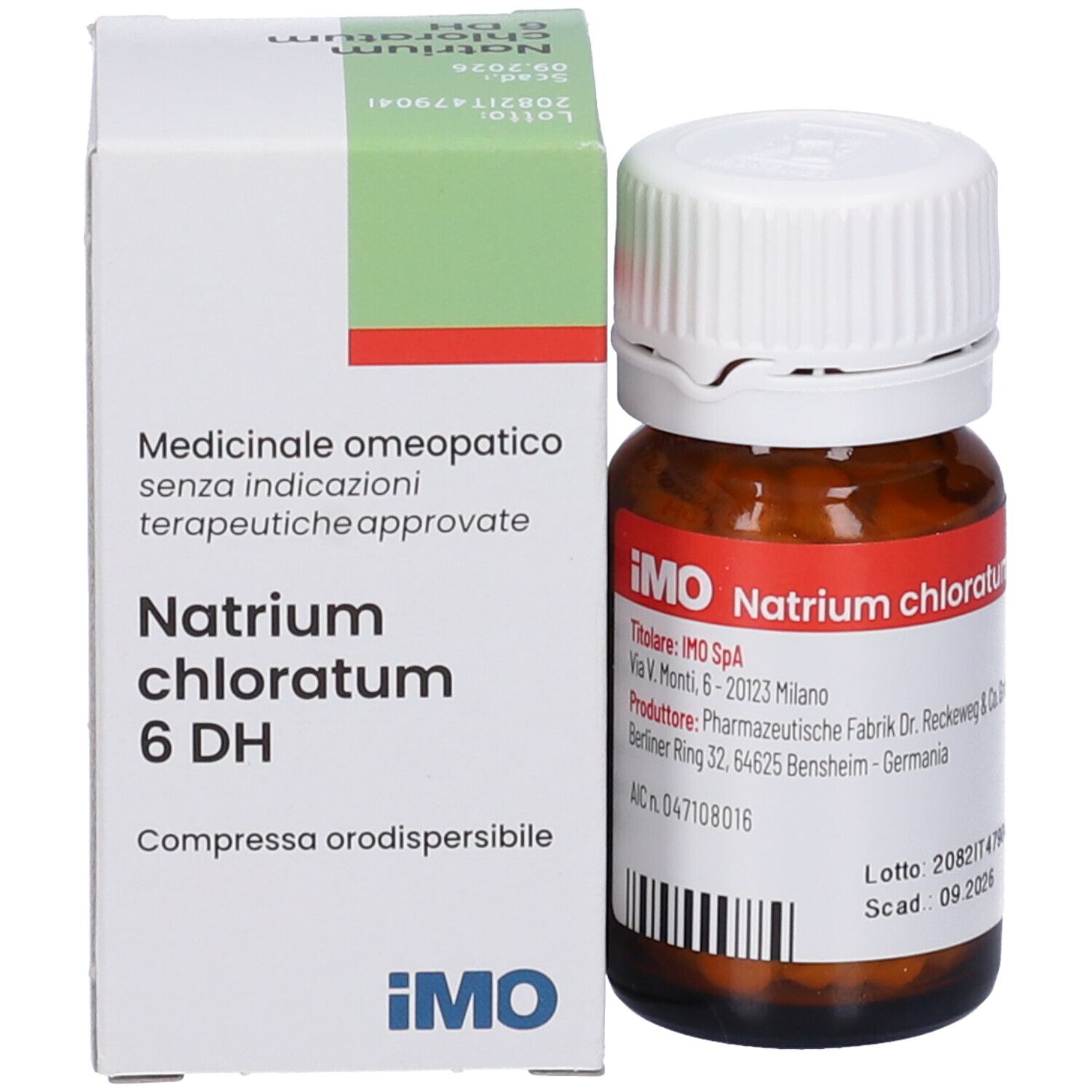 Flacone e scatola del prodotto. Flacone marrone con tappo bianco. Scatola con nome del prodotto e informazioni.