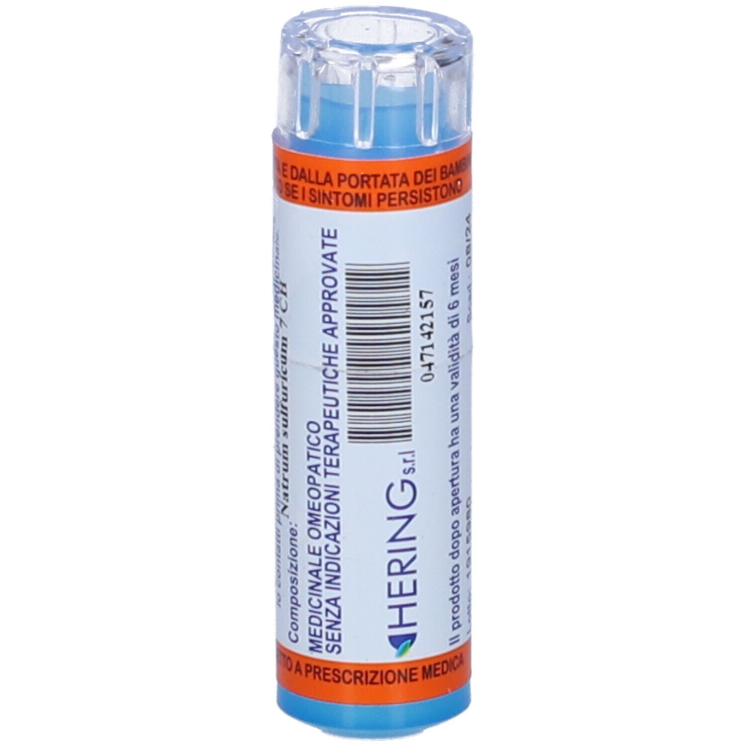 Flacone cilindrico blu con etichetta bianca e arancione. Scritta: Hering, Medicinale omeopatico. Coperchio trasparente.