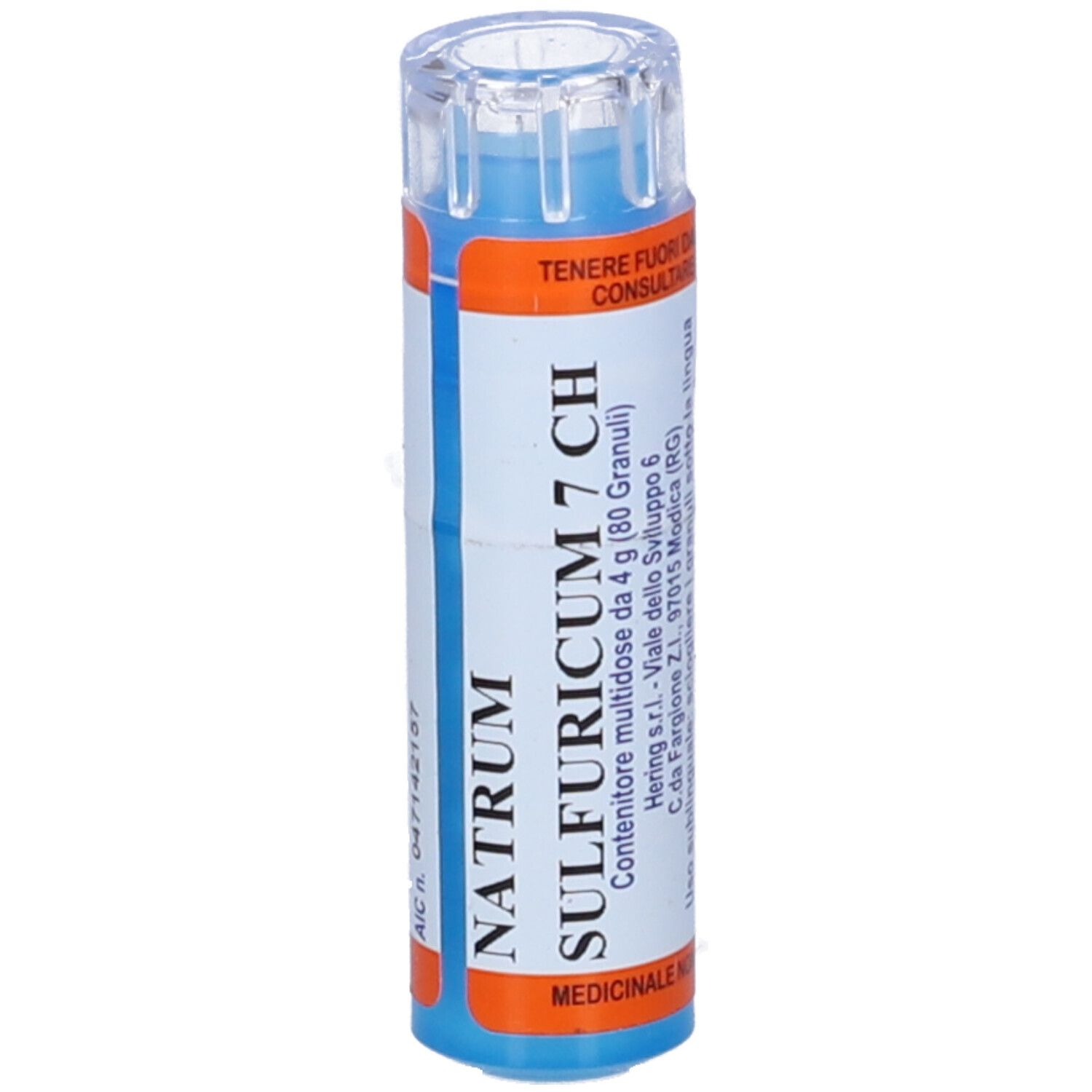 Flacone cilindrico blu con etichetta bianca e arancione. Scritta: Natrum Sulfuricum 7 CH, 80 Granuli. Coperchio trasparente.