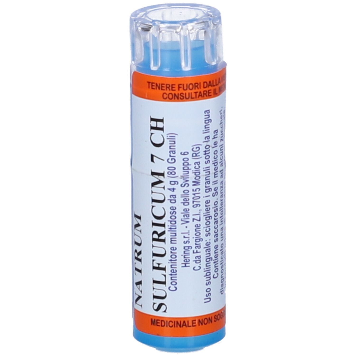 Flacone cilindrico blu con etichetta bianca e arancione. Scritta: Natrum Sulfuricum 7 CH, 80 Granuli. Coperchio trasparente.