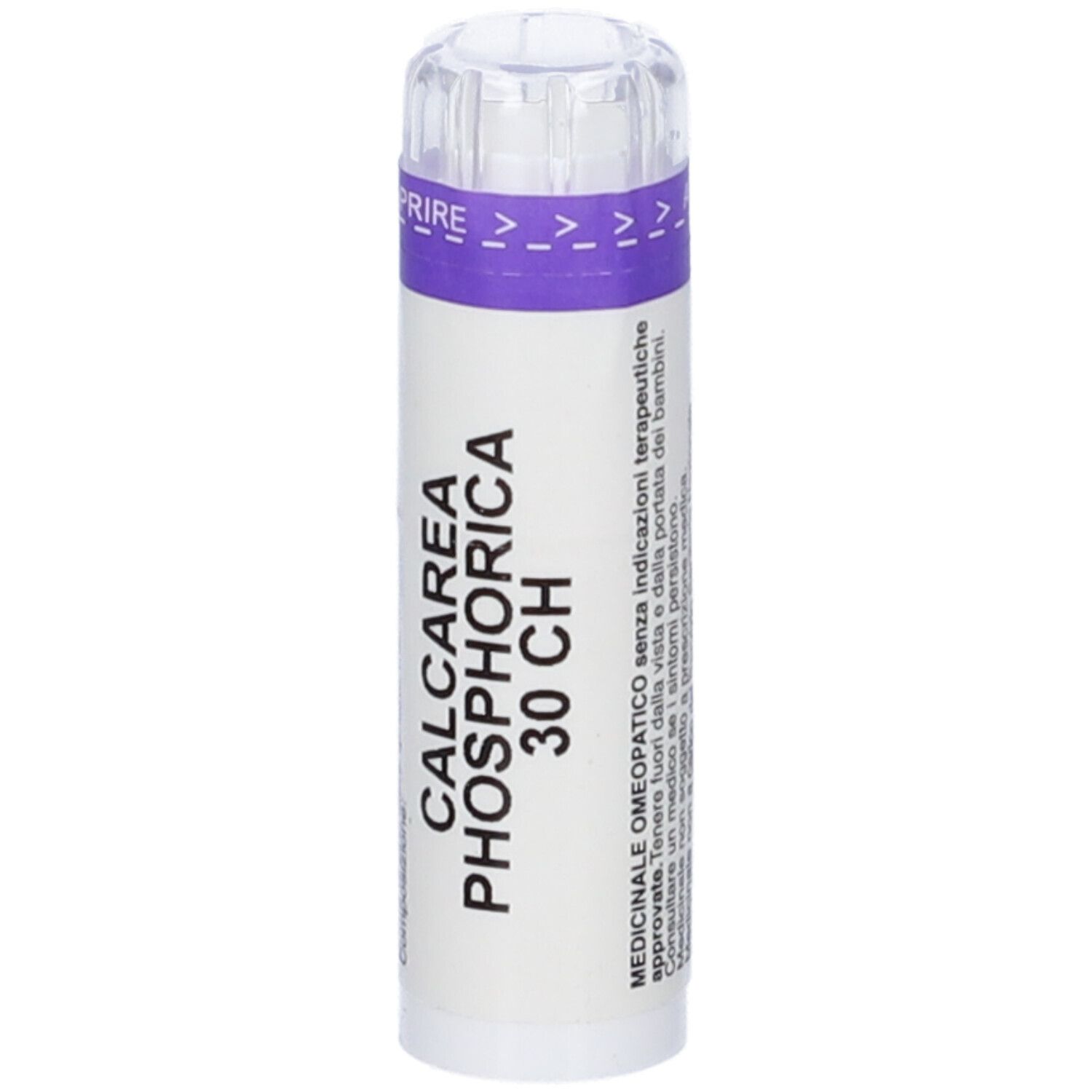 Flacone cilindrico con etichetta bianca e fascia viola. Scritta: CALCAREA PHOSPHORICA 30 CH.