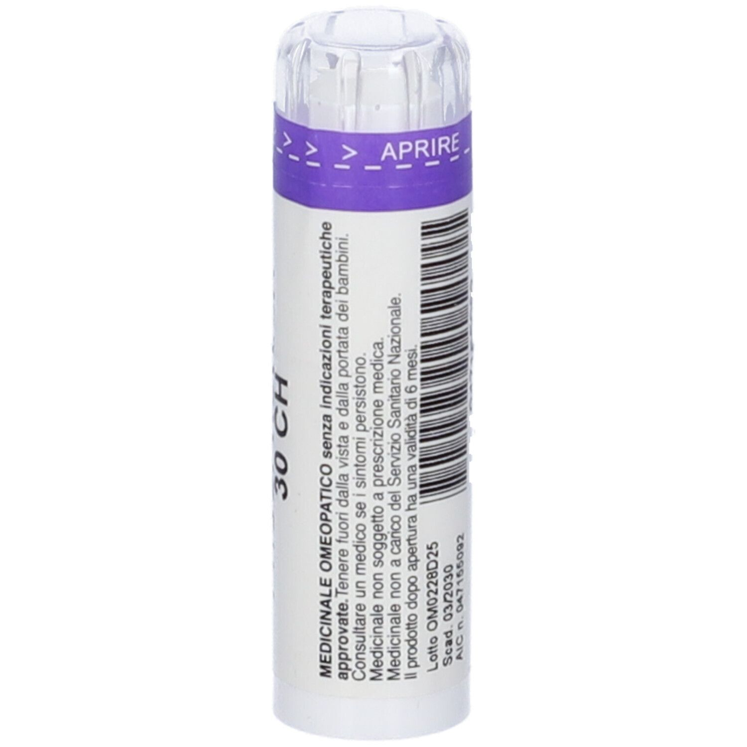 Flacone cilindrico con etichetta bianca e fascia viola. Testo: CALCAREA PHOSPHORICA 30 CH. Codice a barre e informazioni.