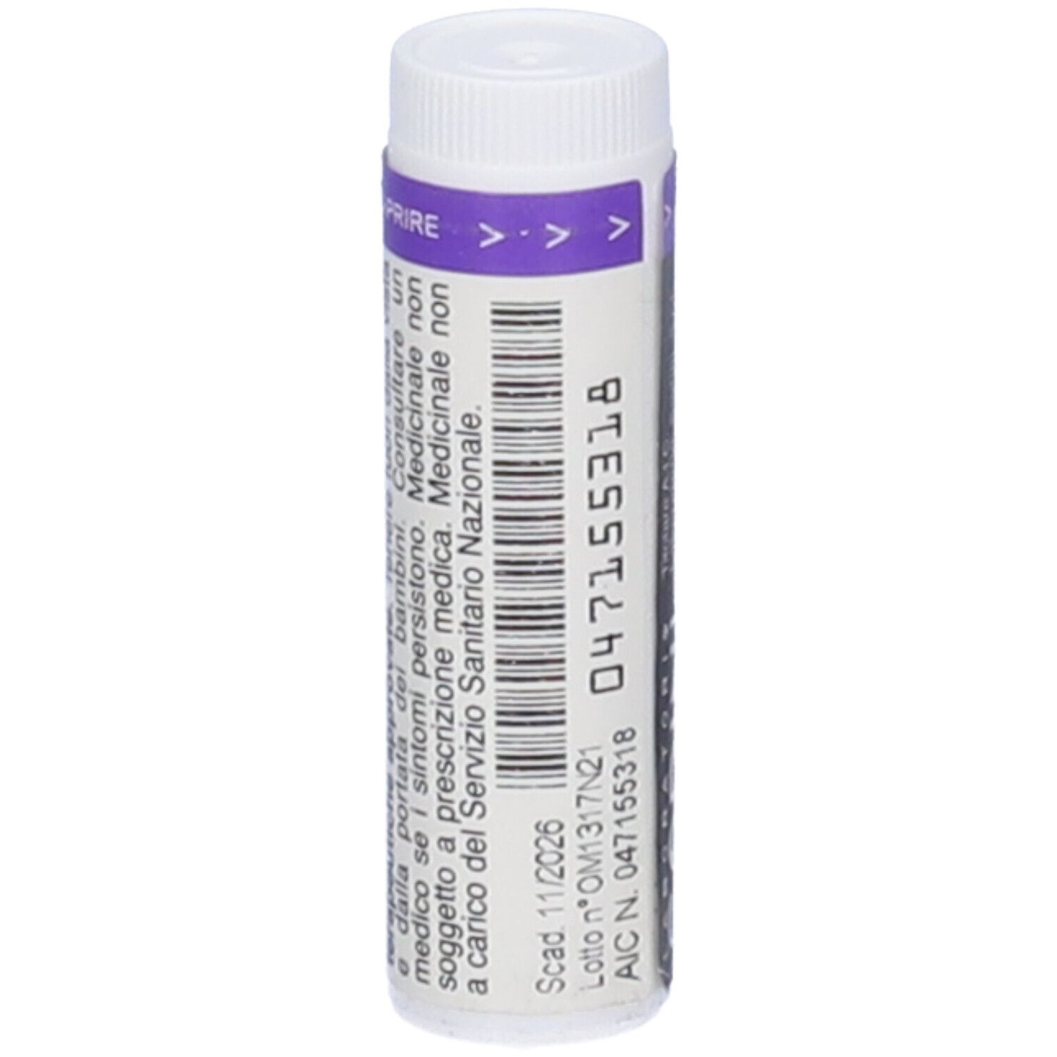 Flacone cilindrico bianco con stampa viola. Testo: 047155318, codice a barre, scad. 11/2026.