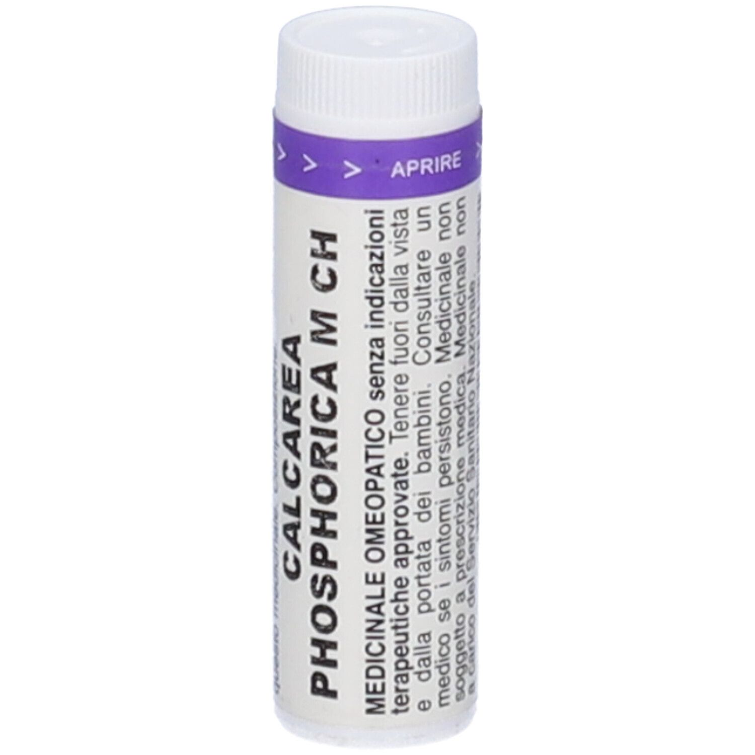 Flacone cilindrico bianco con stampa viola. Testo: CALCAREA PHOSPHORICA M CH, OMEOPATICO.